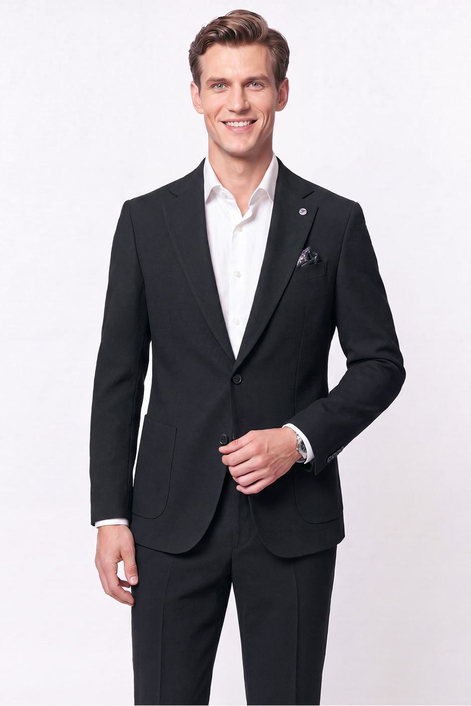 Comfort Fit Torba Cep Gofre Kumaş Esnek Pamuklu Koyu Siyah Blazer Ceket C 739