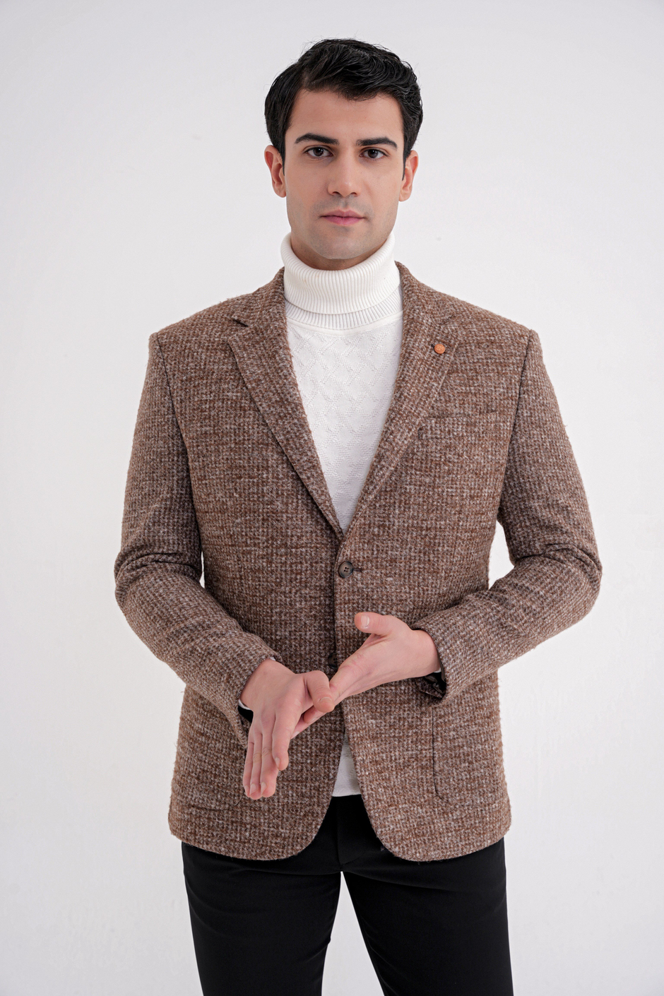 Comfort Fit Torba Cep Kazayağı Desenli %100 Yün Tütün Blazer Ceket C 729
