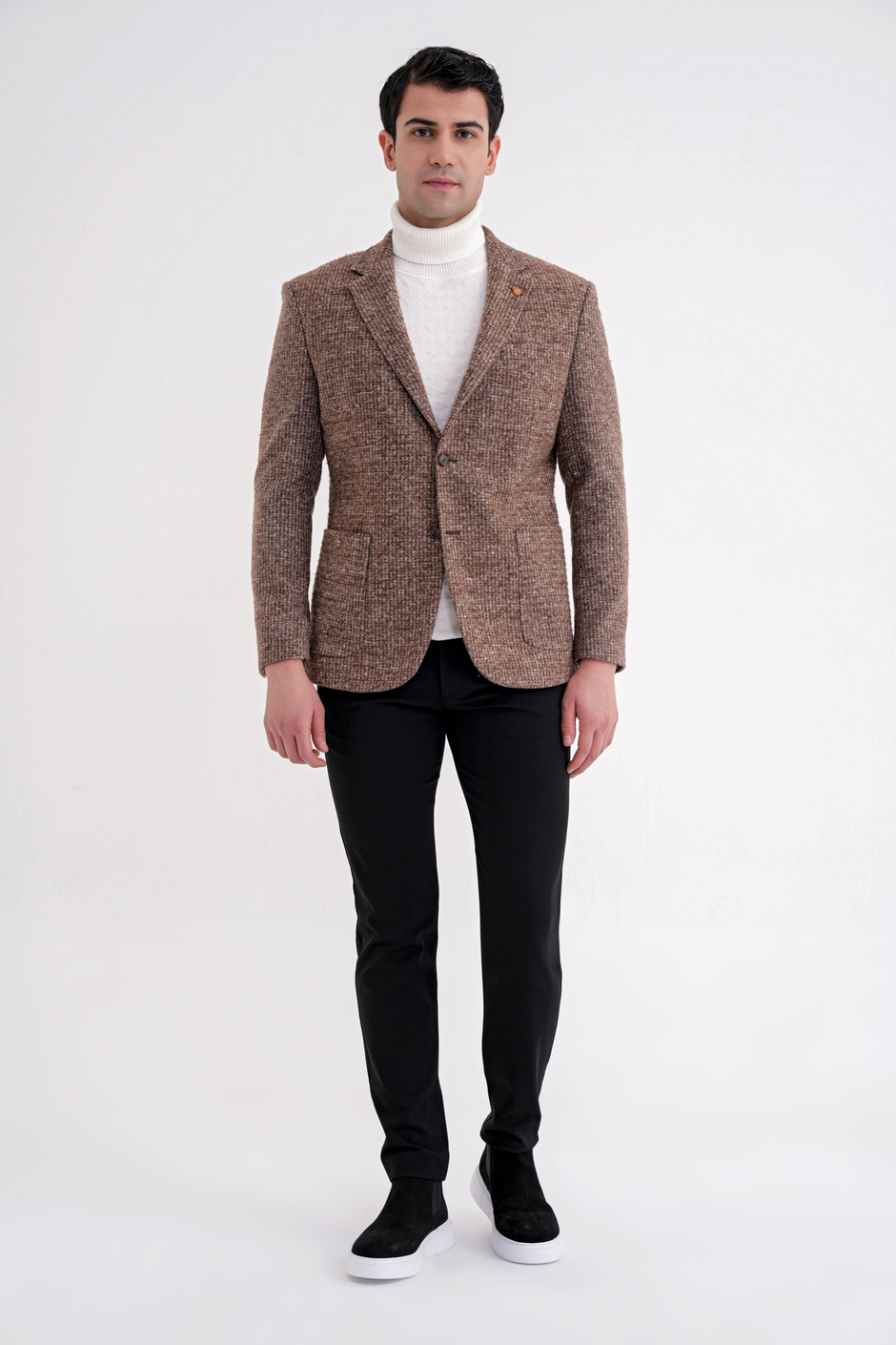 Comfort Fit Torba Cep Kazayağı Desenli %100 Yün Tütün Blazer Ceket C 729