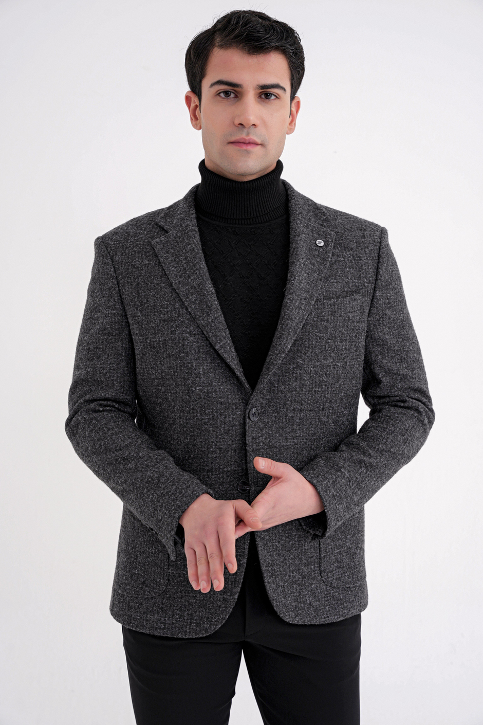 Comfort Fit Torba Cep Kazayağı Desenli %100 Yün Antrasit Blazer Ceket C 729