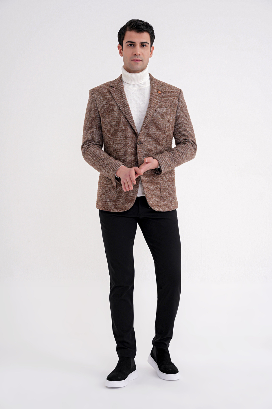 Comfort Fit Torba Cep Kazayağı Desenli %100 Yün Tütün Blazer Ceket C 729