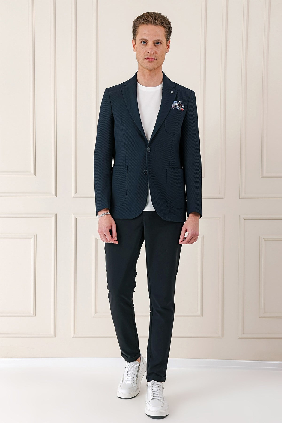 Comfort Fit Torba Cep Şeritli Dokuma Pamuklu Blazer Lacivert Ceket C 670