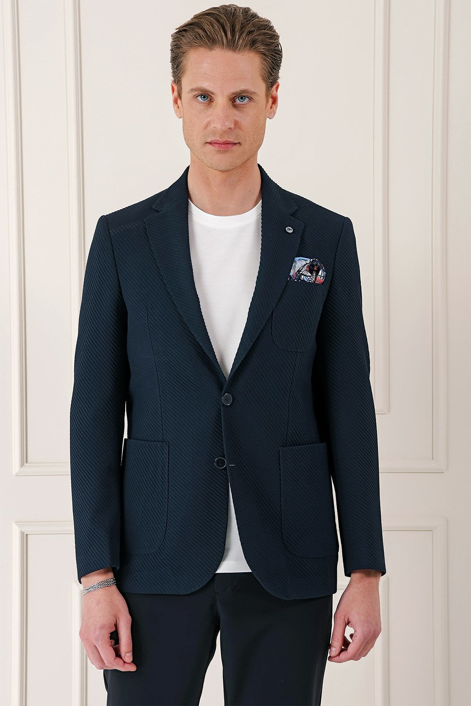 Comfort Fit Torba Cep Şeritli Dokuma Pamuklu Blazer Lacivert Ceket C 670