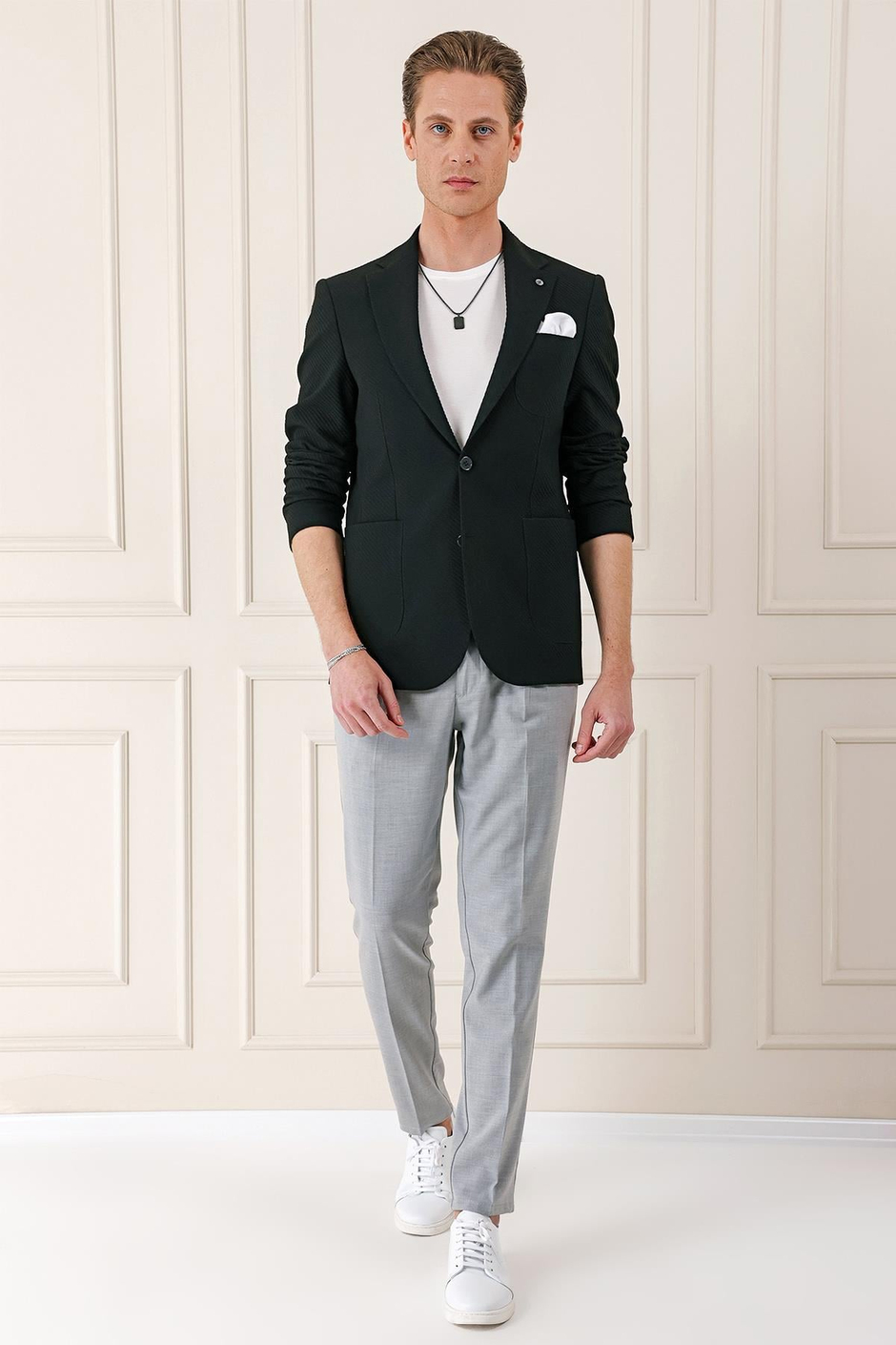 Comfort Fit Torba Cep Şeritli Dokuma Pamuklu Blazer Siyah Ceket C 670