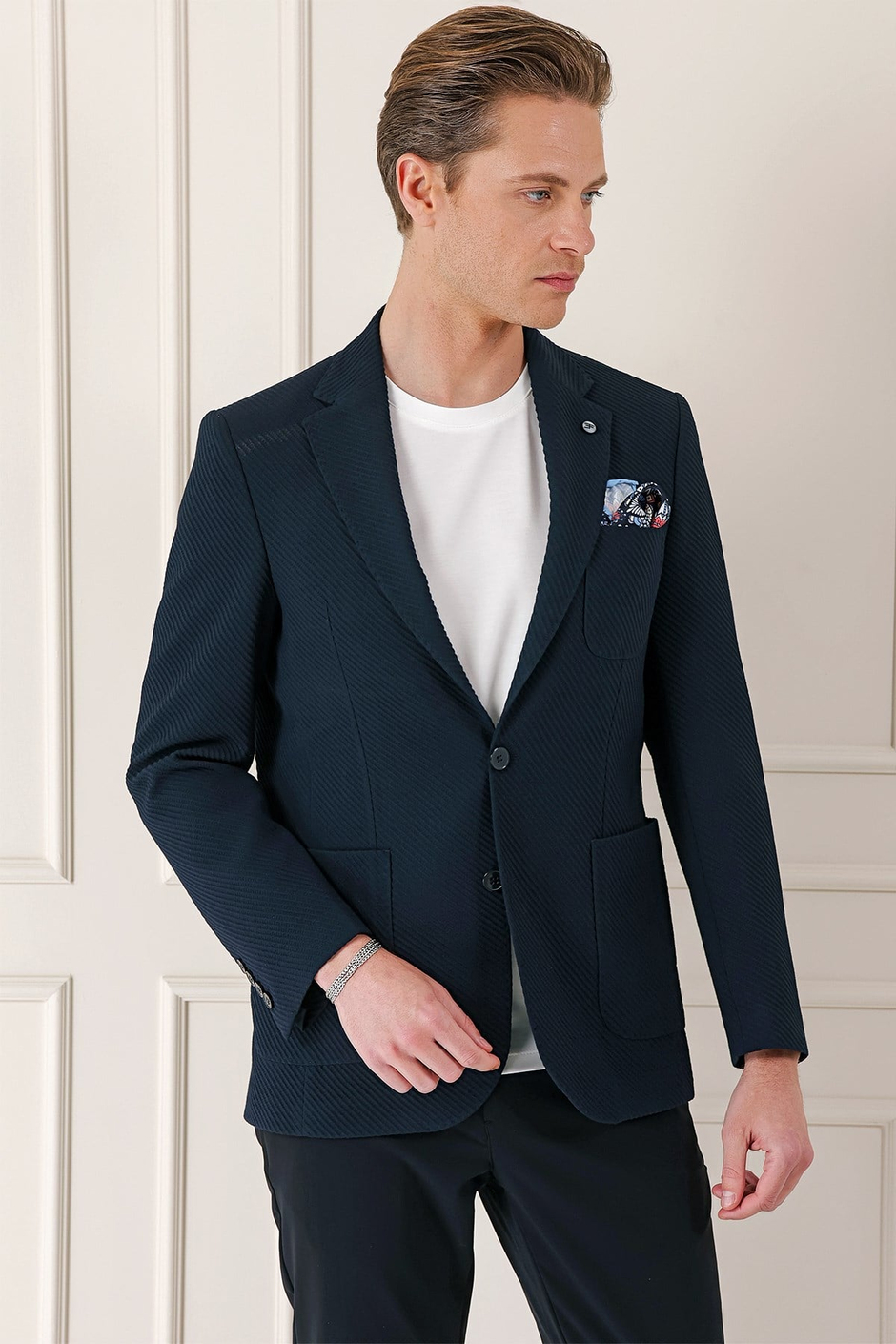 Comfort Fit Torba Cep Şeritli Dokuma Pamuklu Blazer Lacivert Ceket C 670