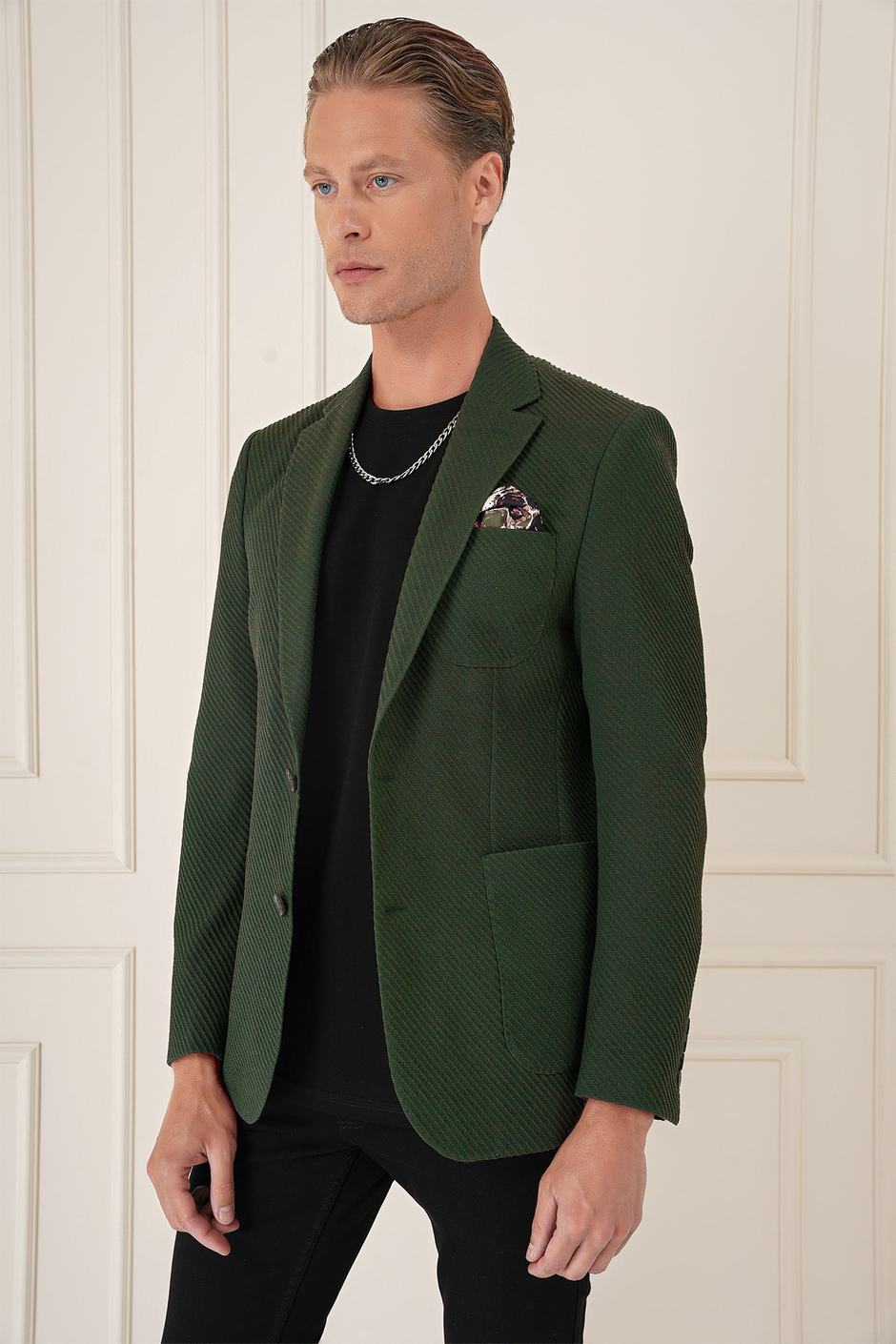 Comfort Fit Torba Cep Şeritli Dokuma Pamuklu Blazer Haki Ceket C 670