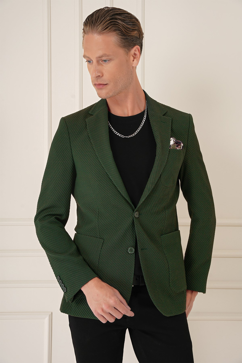 Comfort Fit Torba Cep Şeritli Dokuma Pamuklu Blazer Haki Ceket C 670