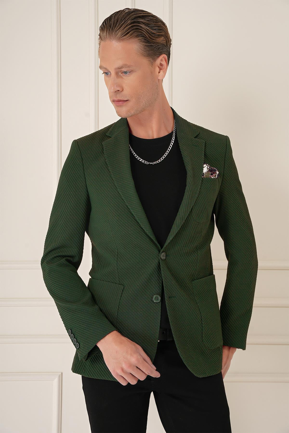 Comfort Fit Torba Cep Şeritli Dokuma Pamuklu Blazer Haki Ceket C 670