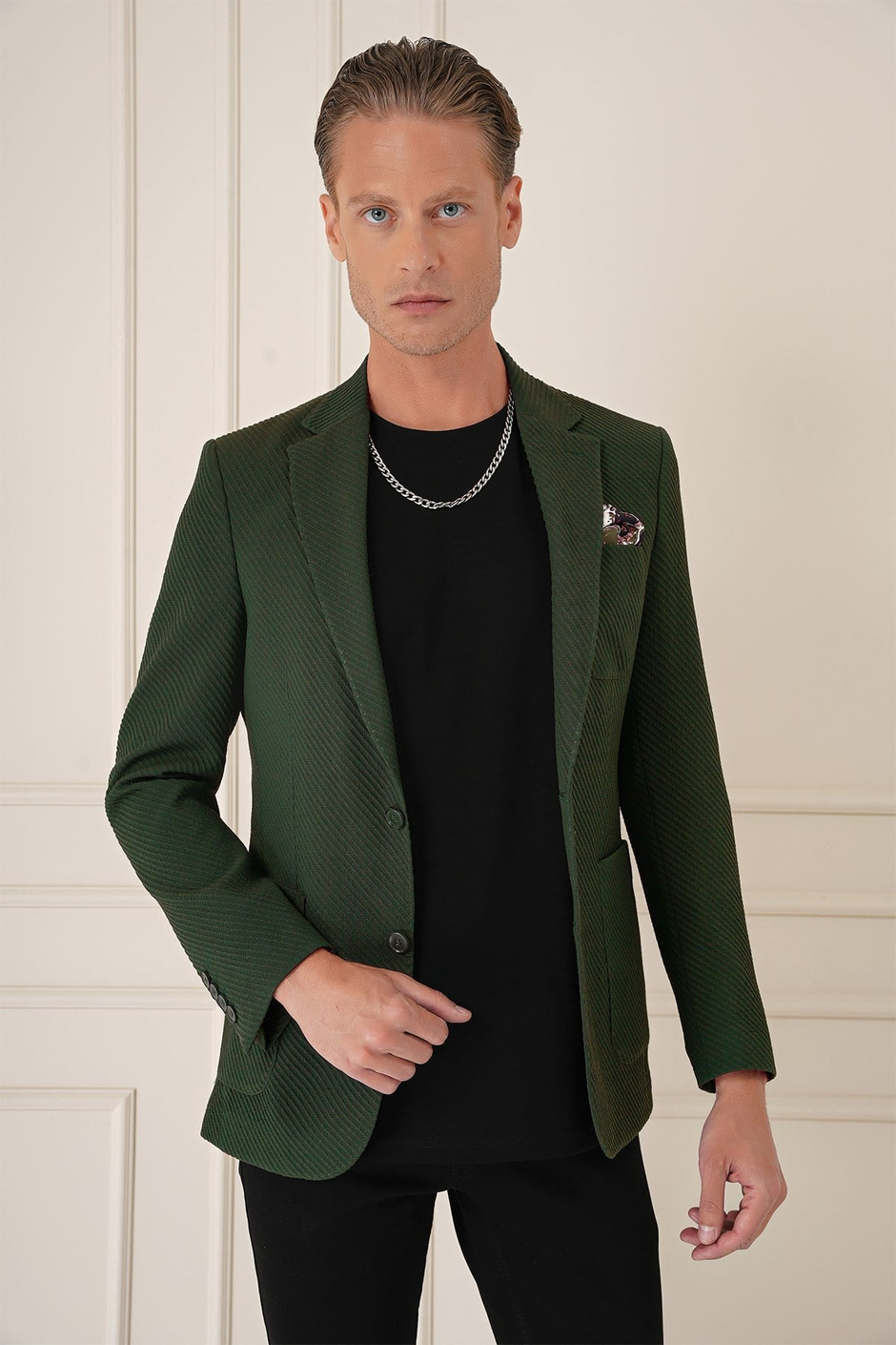 Comfort Fit Torba Cep Şeritli Dokuma Pamuklu Blazer Haki Ceket C 670