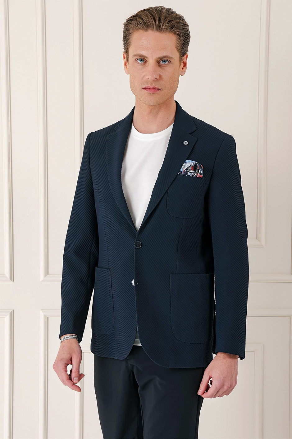 Comfort Fit Torba Cep Şeritli Dokuma Pamuklu Blazer Lacivert Ceket C 670