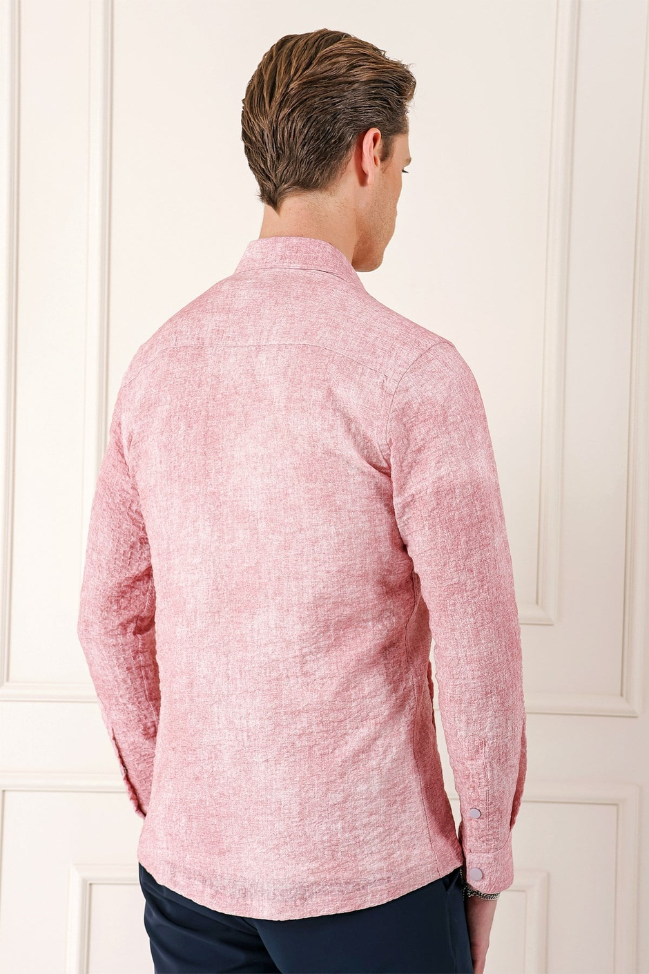 Comfort Fit Yan Cep Batik Desenli %100 Pamuk Çıtçıtlı Pudra Gömlek Ceket G 1568