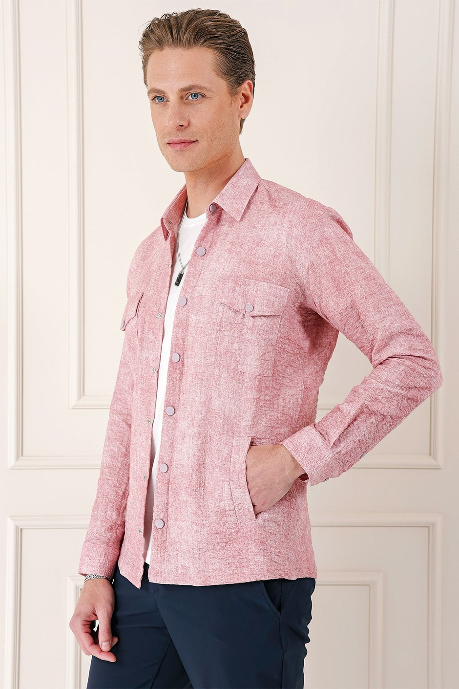 Comfort Fit Yan Cep Batik Desenli %100 Pamuk Çıtçıtlı Pudra Gömlek Ceket G 1568