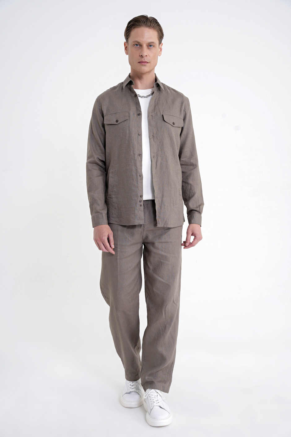 Comfort Fit Yan Cepli %100 Keten Haki Gömlek Ceket G 1602