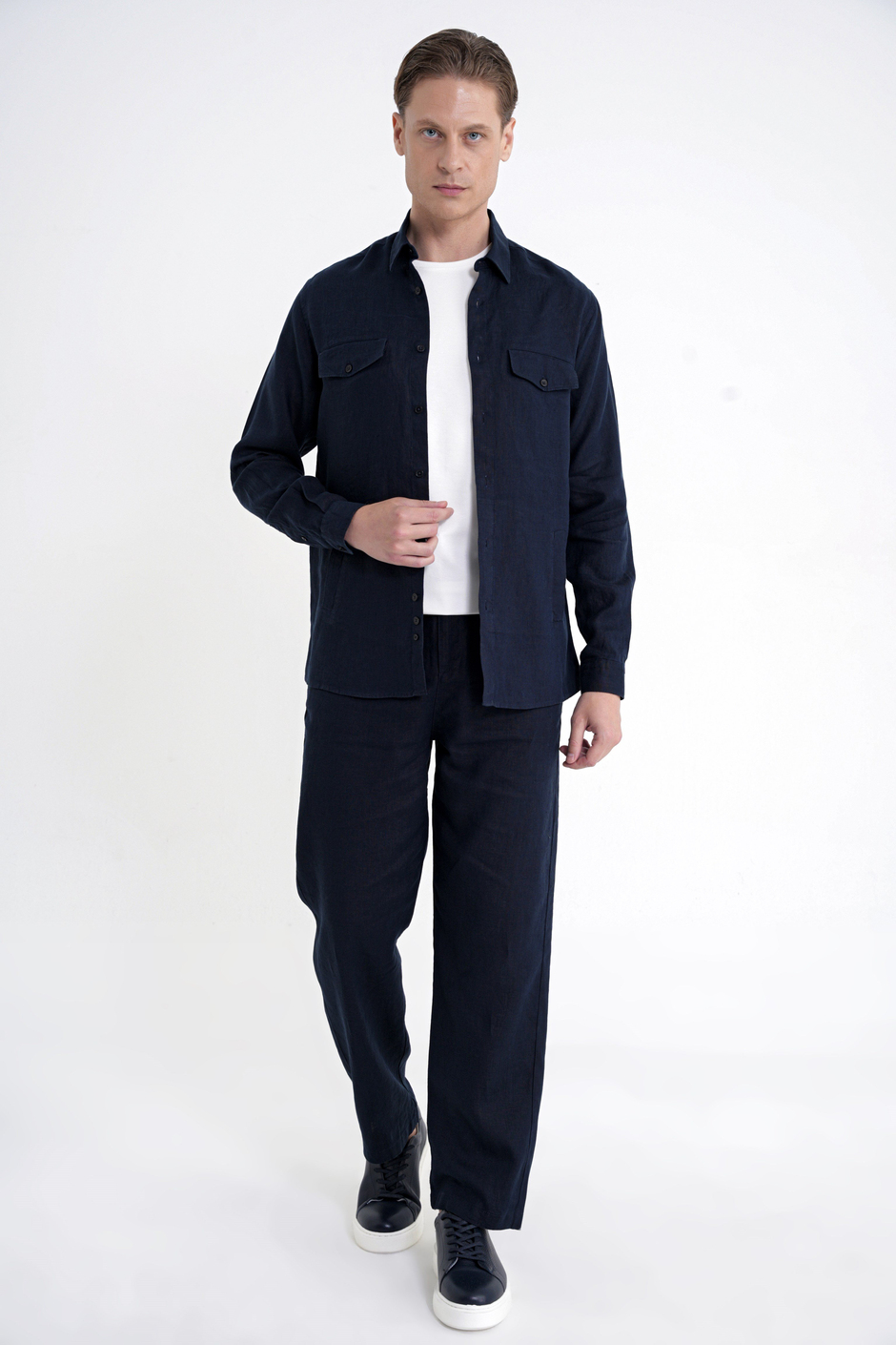 Comfort Fit Yan Cepli %100 Keten Lacivert Gömlek Ceket G 1602