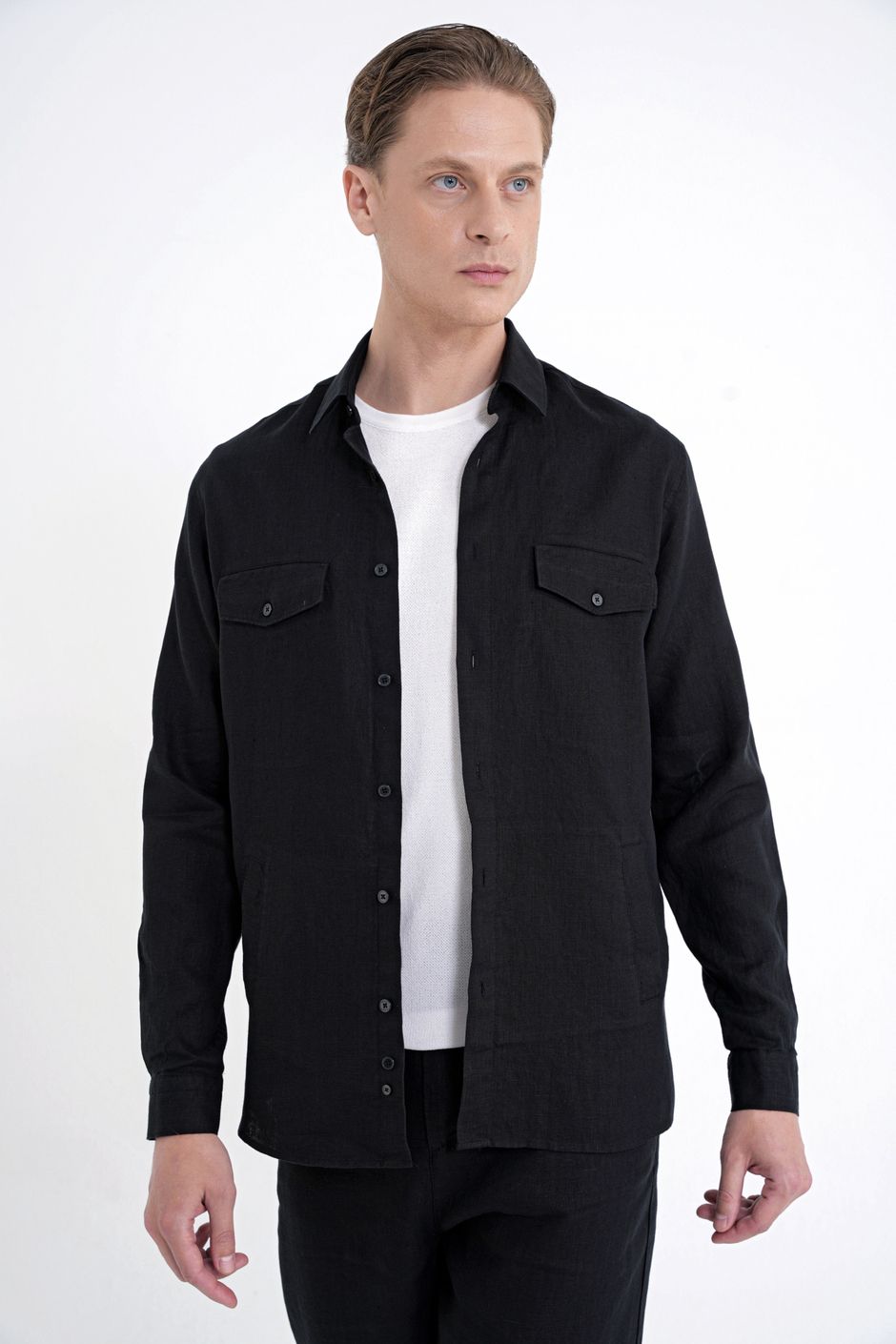 Comfort Fit Yan Cepli %100 Keten Siyah Gömlek Ceket G 1602