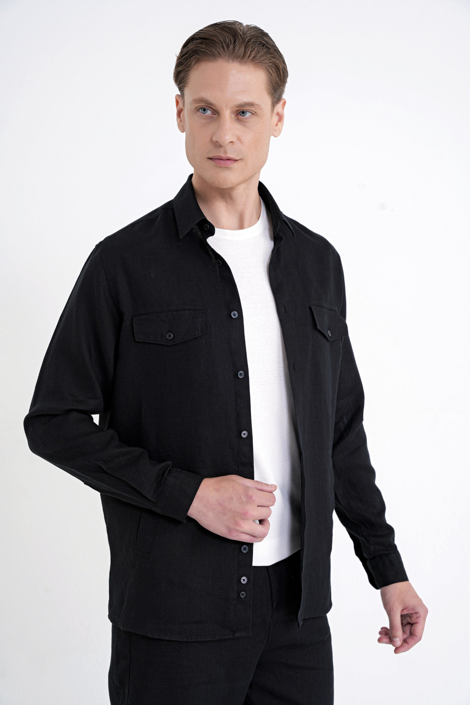 Comfort Fit Yan Cepli %100 Keten Siyah Gömlek Ceket G 1602