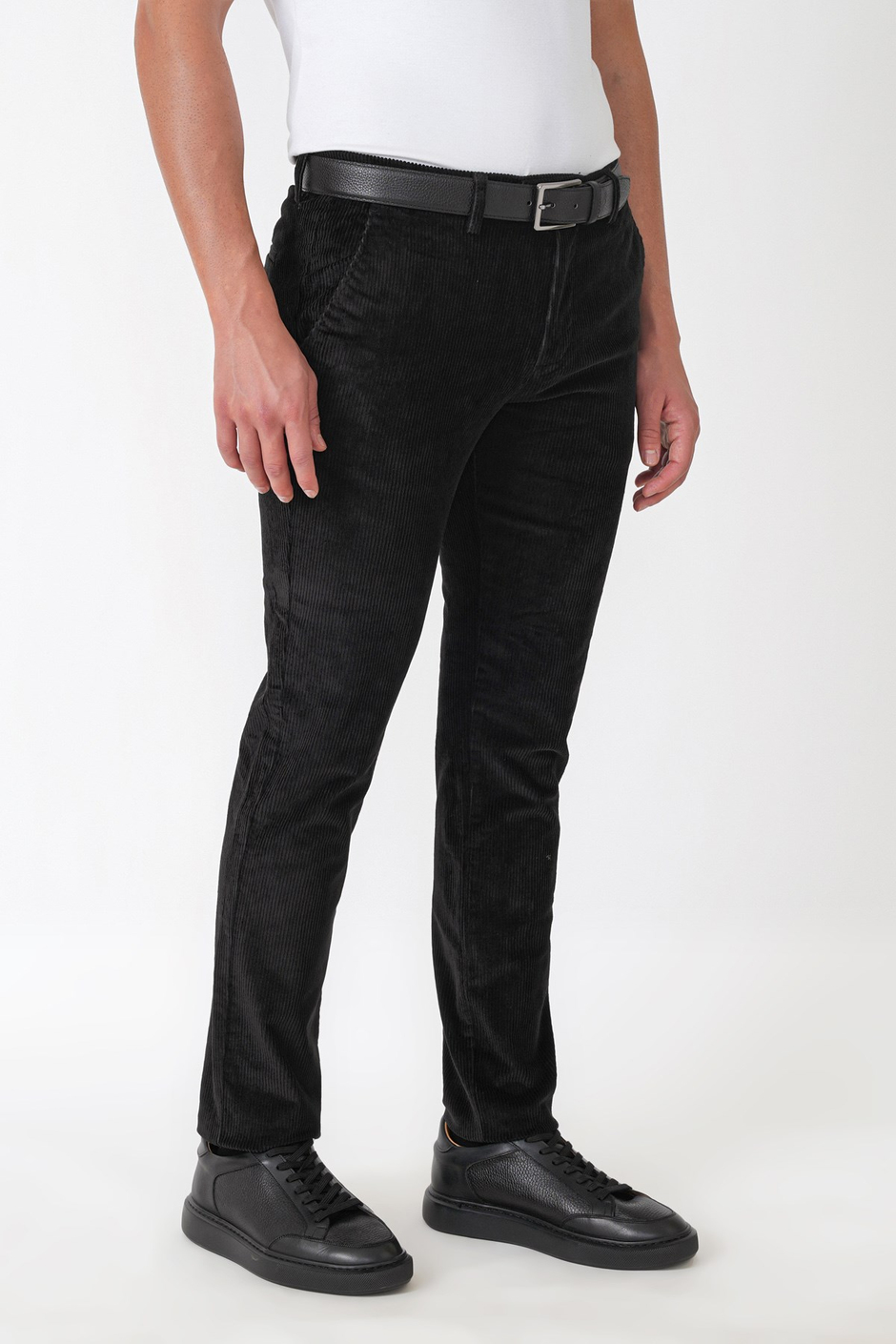 Comfort Fit Yan Cepli Dikine Fitilli Esnek Siyah Kadife Pantolon P 1235