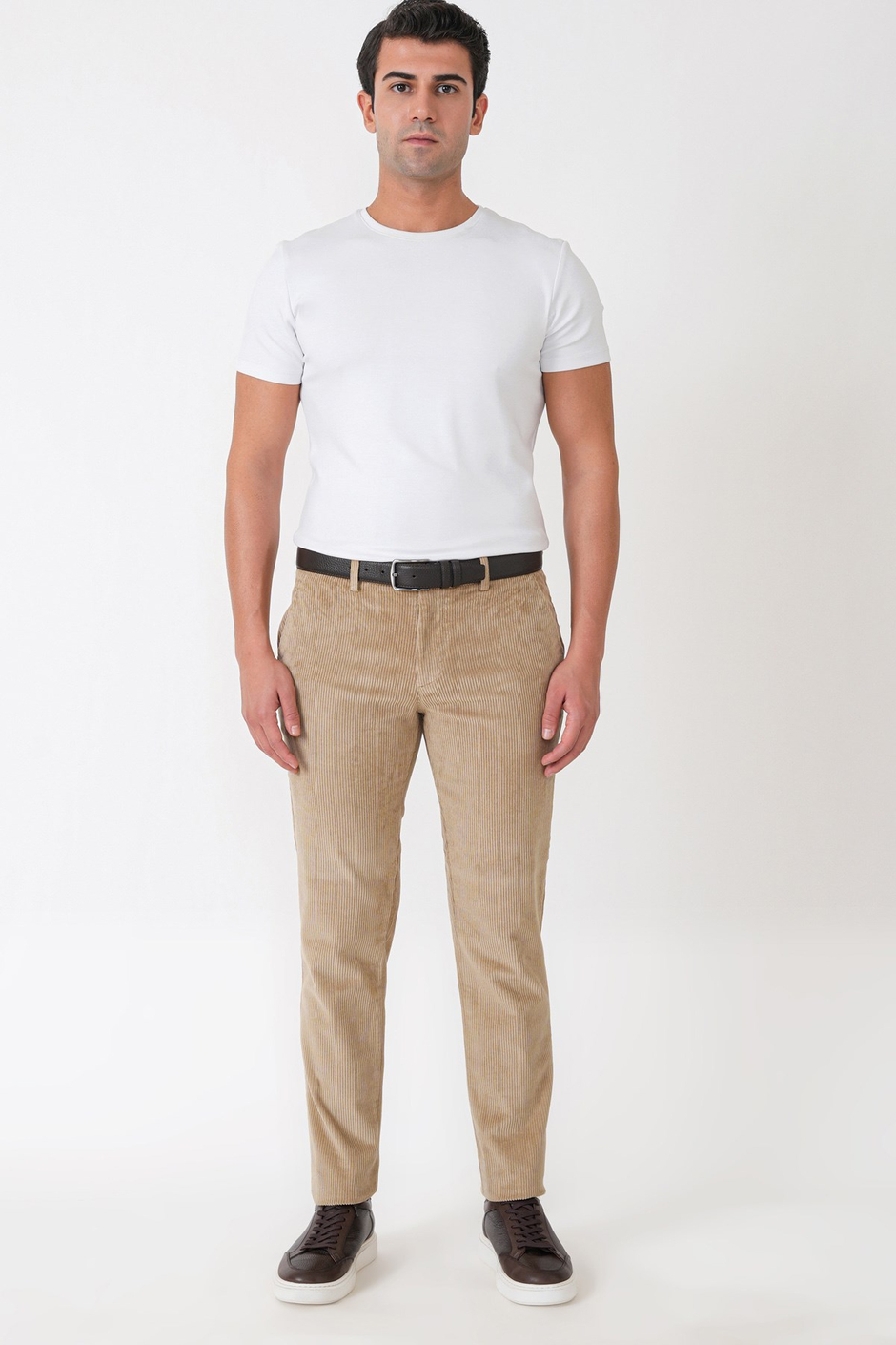 Comfort Fit Yan Cepli Dikine Fitilli Esnek Bej Kadife Pantolon P 1235
