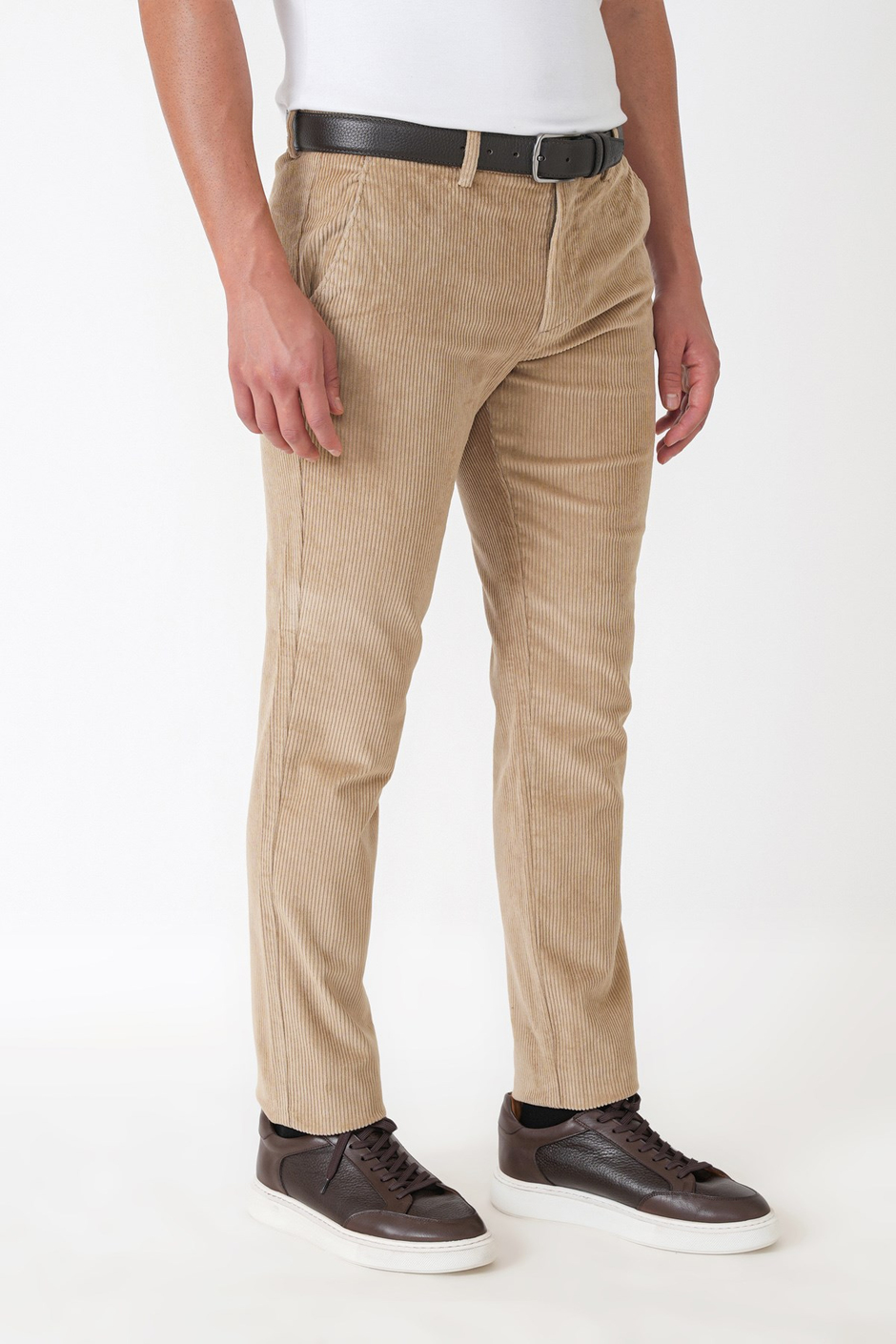 Comfort Fit Yan Cepli Dikine Fitilli Esnek Bej Kadife Pantolon P 1235
