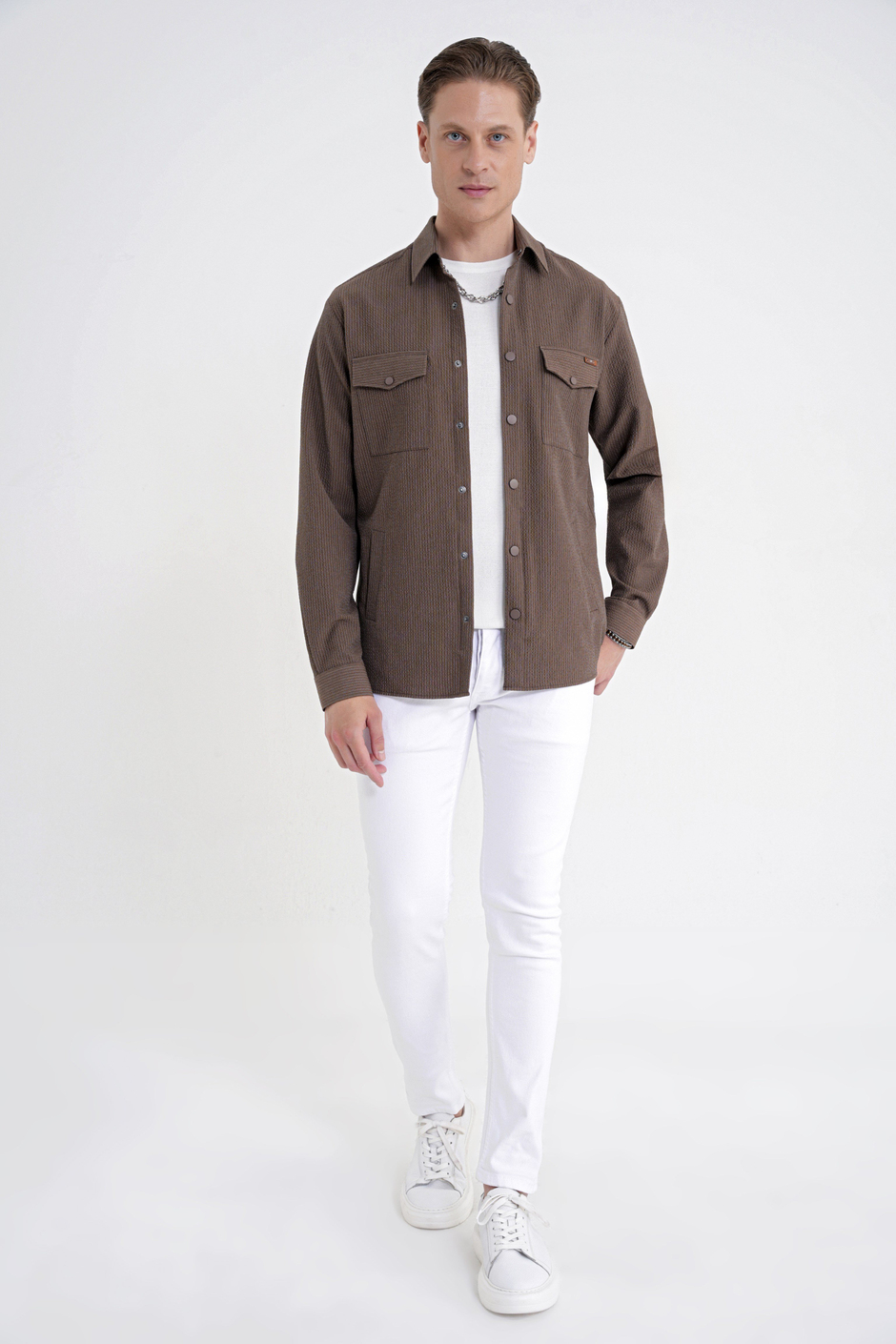 Comfort Fit Yan Cepli Esnek İnce Çizgili Camel Gömlek Ceket G 1608