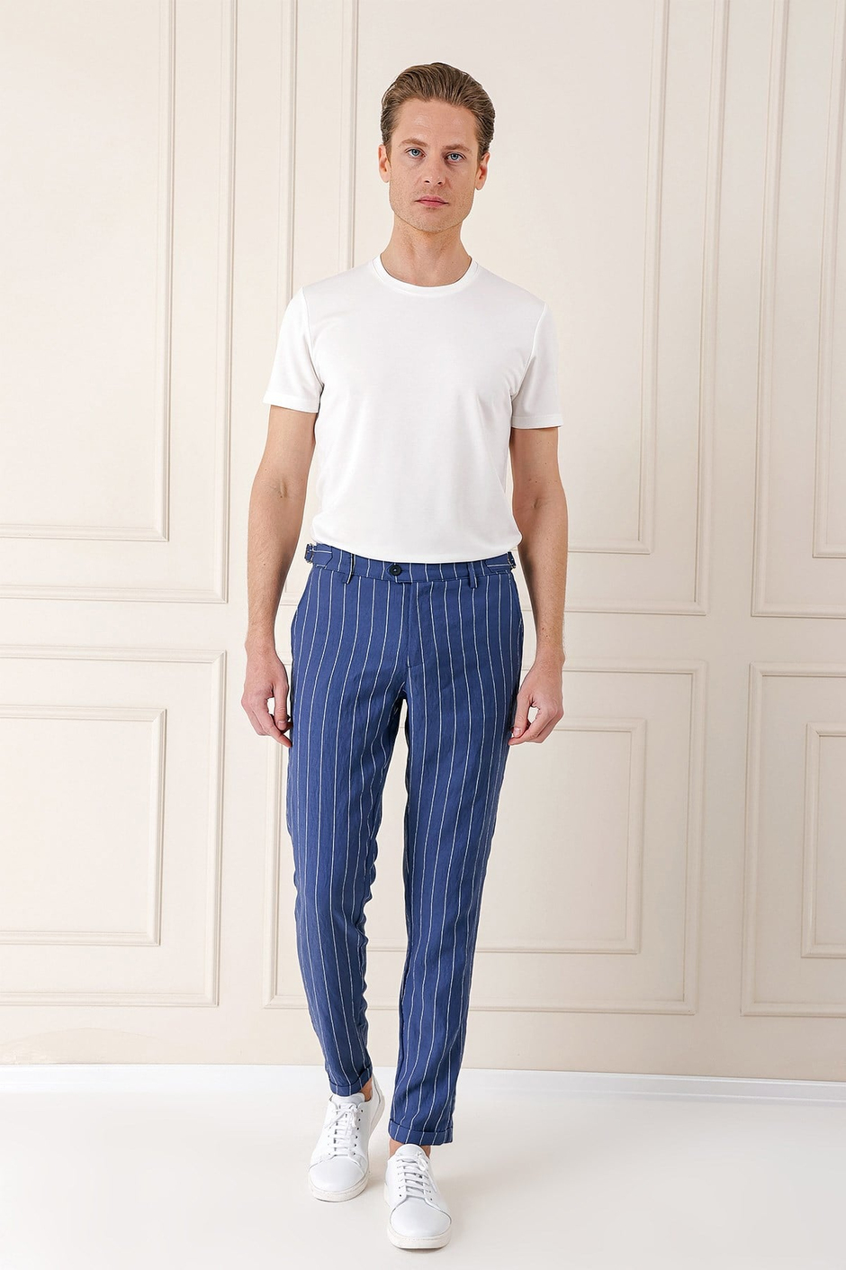 Comfort Fit Yandan Tokalı Çizgili Keten İndigo Pantolon P 1151