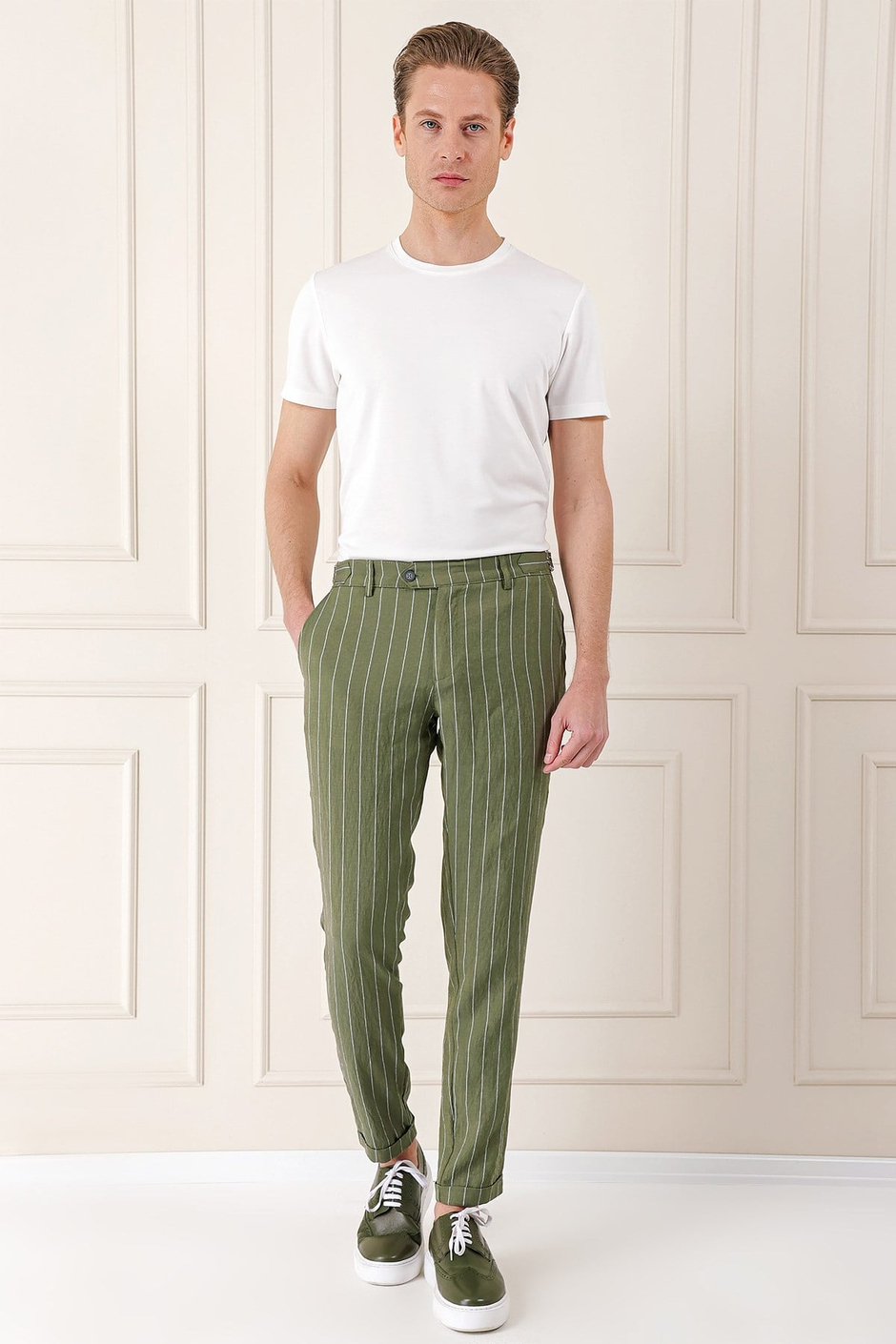 Comfort Fit Yandan Tokalı Çizgili Keten Haki Pantolon P 1151