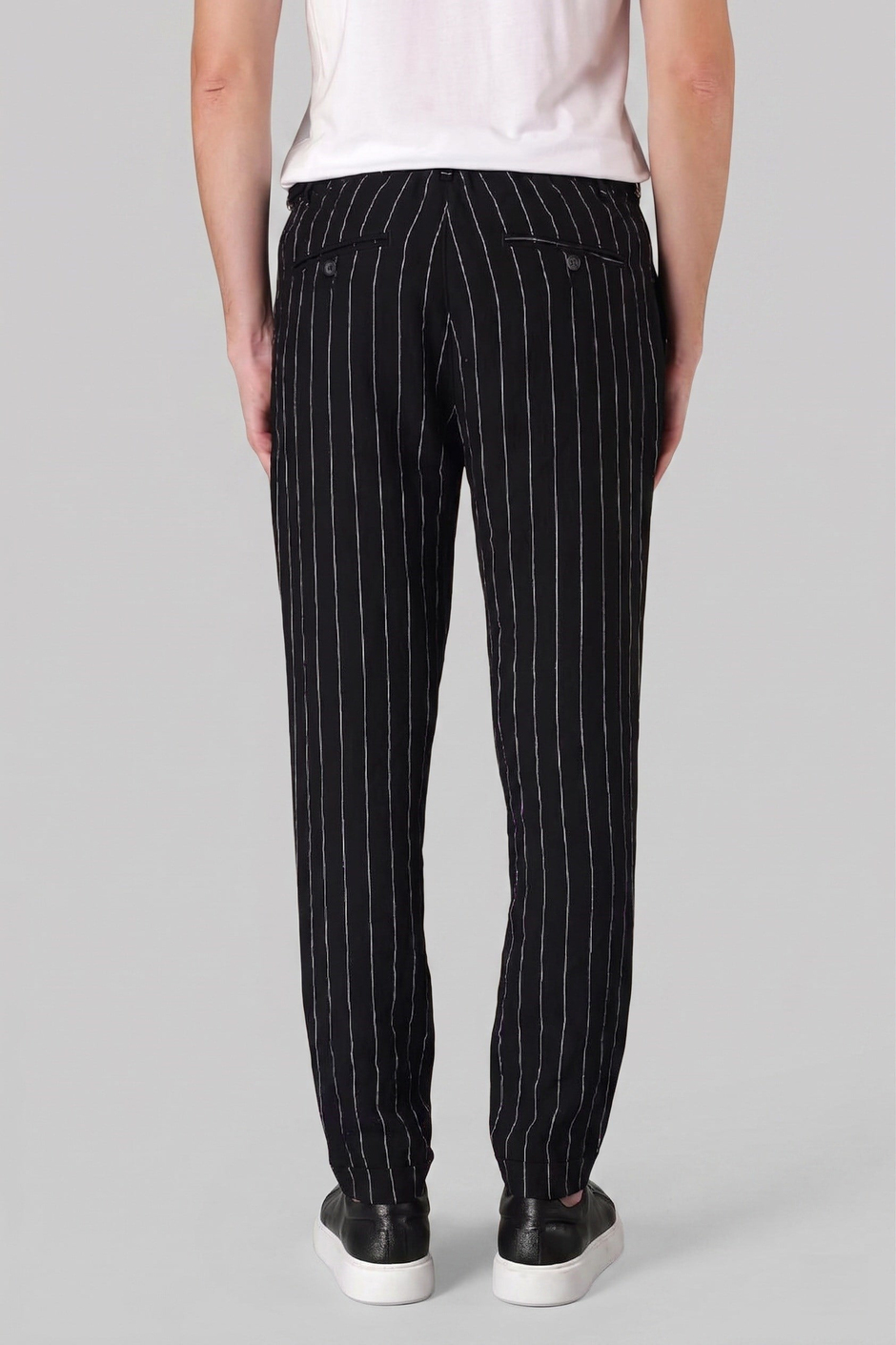 Comfort Fit Yandan Tokalı Çizgili Keten Siyah Pantolon P 1151