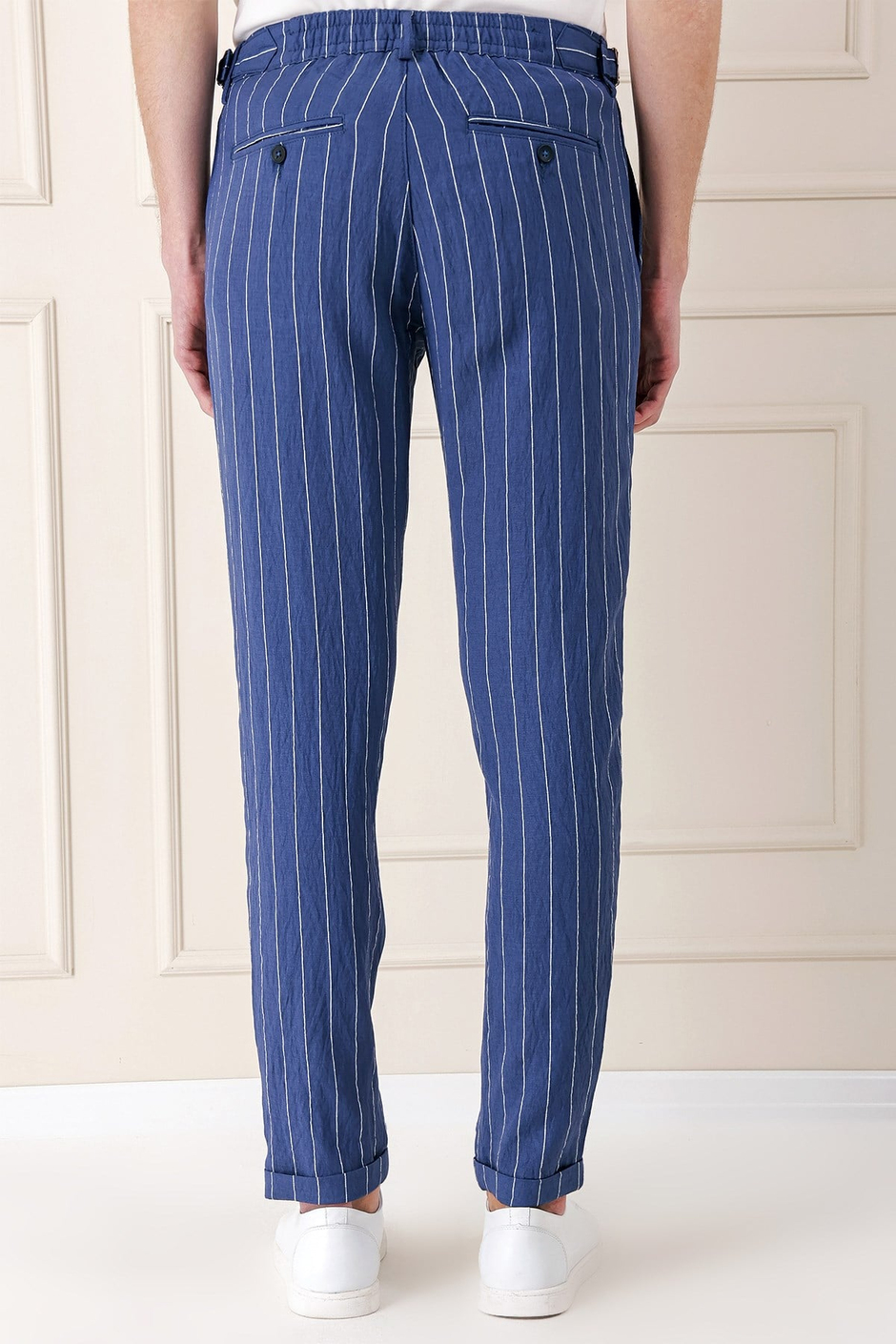 Comfort Fit Yandan Tokalı Çizgili Keten İndigo Pantolon P 1151