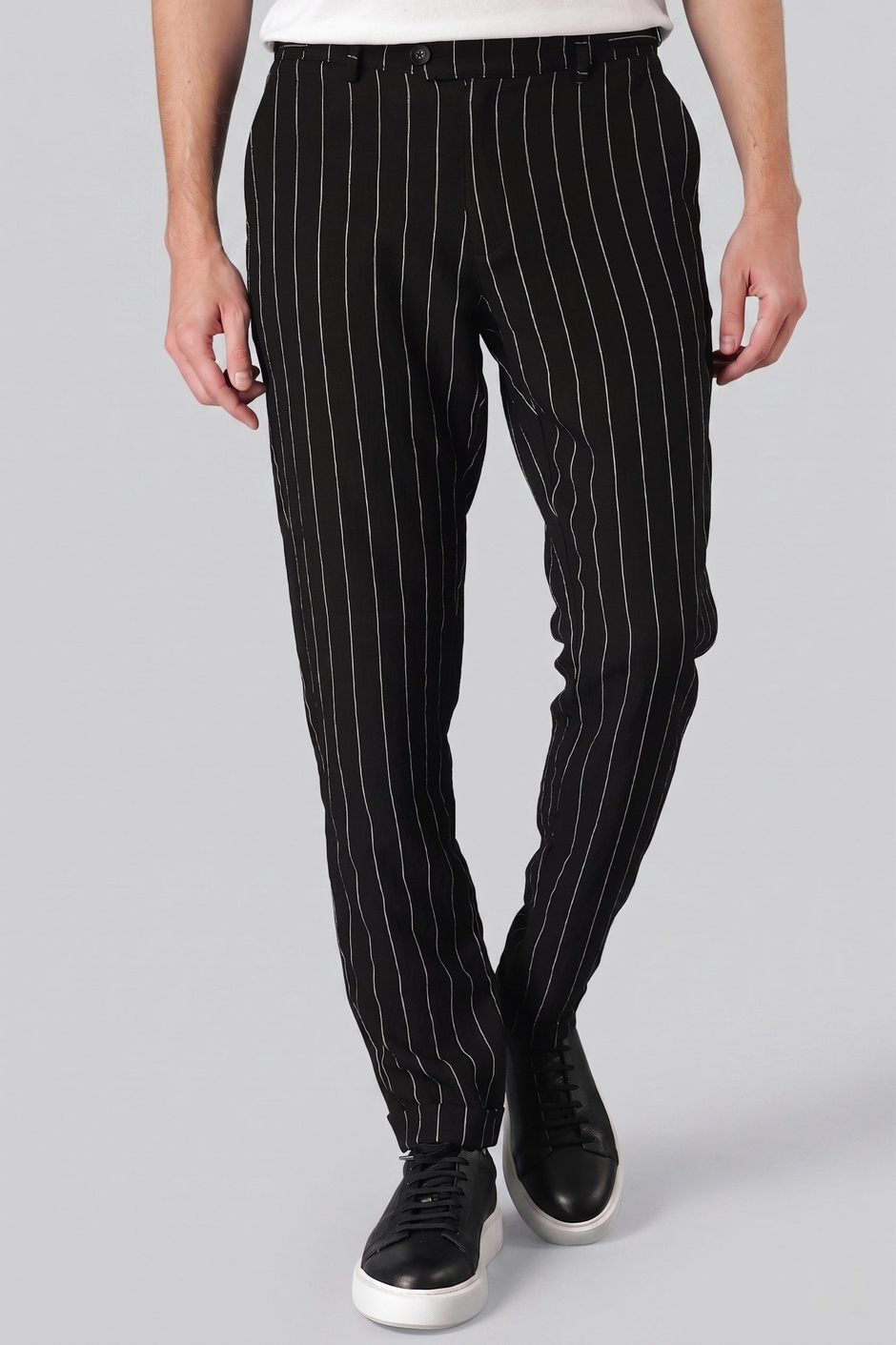 Comfort Fit Yandan Tokalı Çizgili Keten Siyah Pantolon P 1151