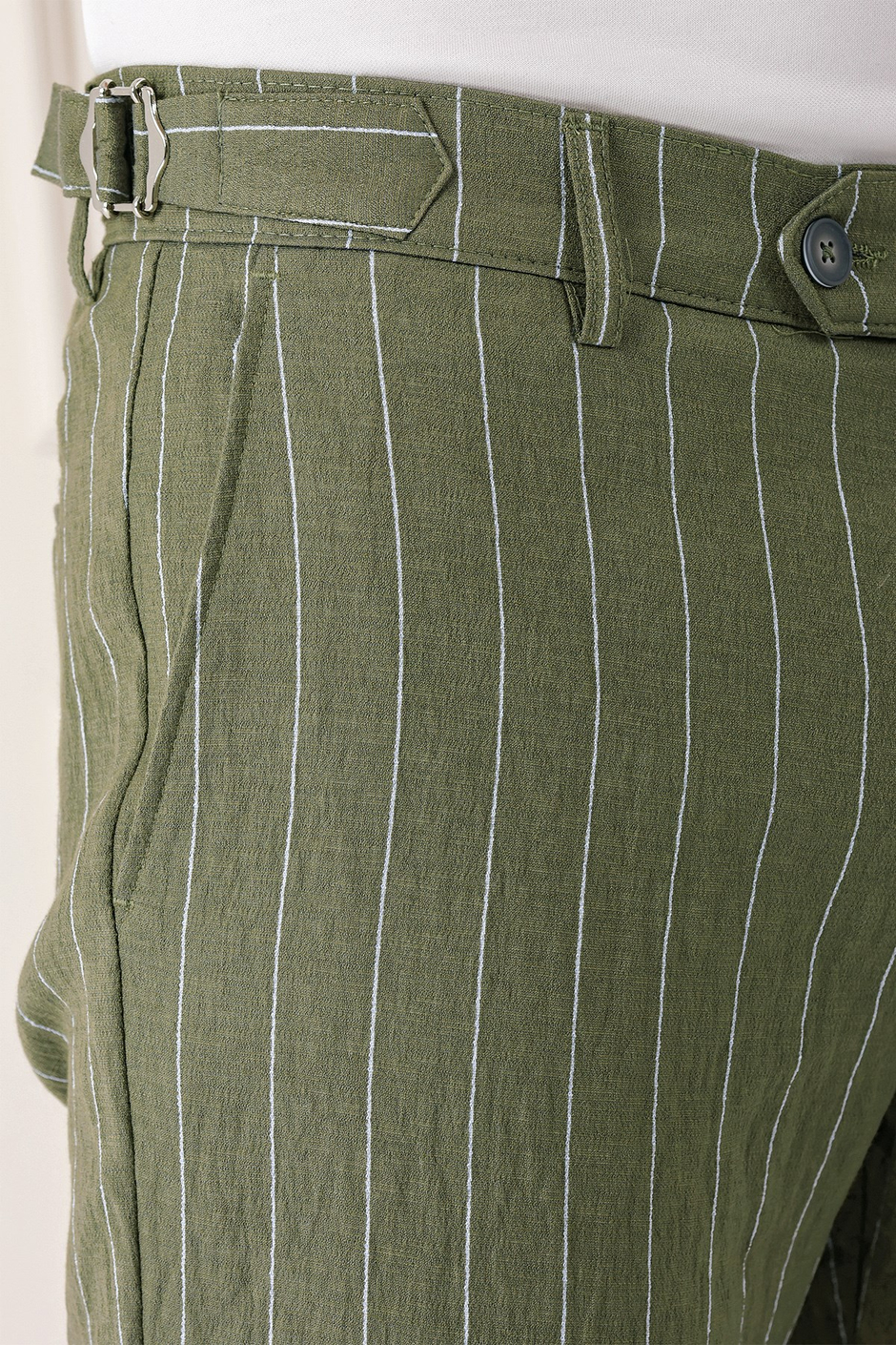 Comfort Fit Yandan Tokalı Çizgili Keten Haki Pantolon P 1151