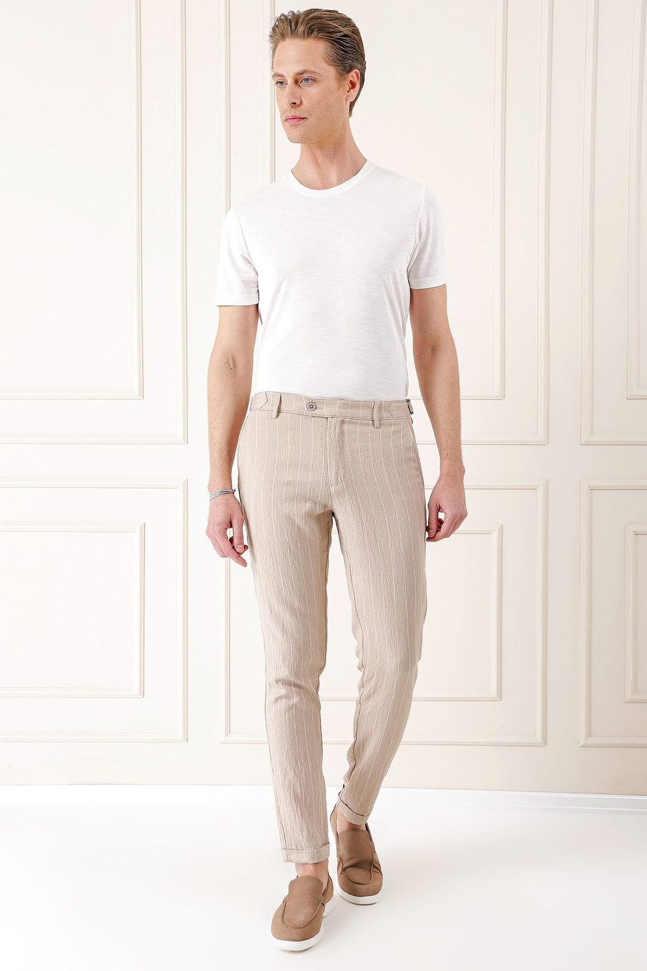 Comfort Fit Yandan Tokalı Çizgili Keten Bej Pantolon P 1151