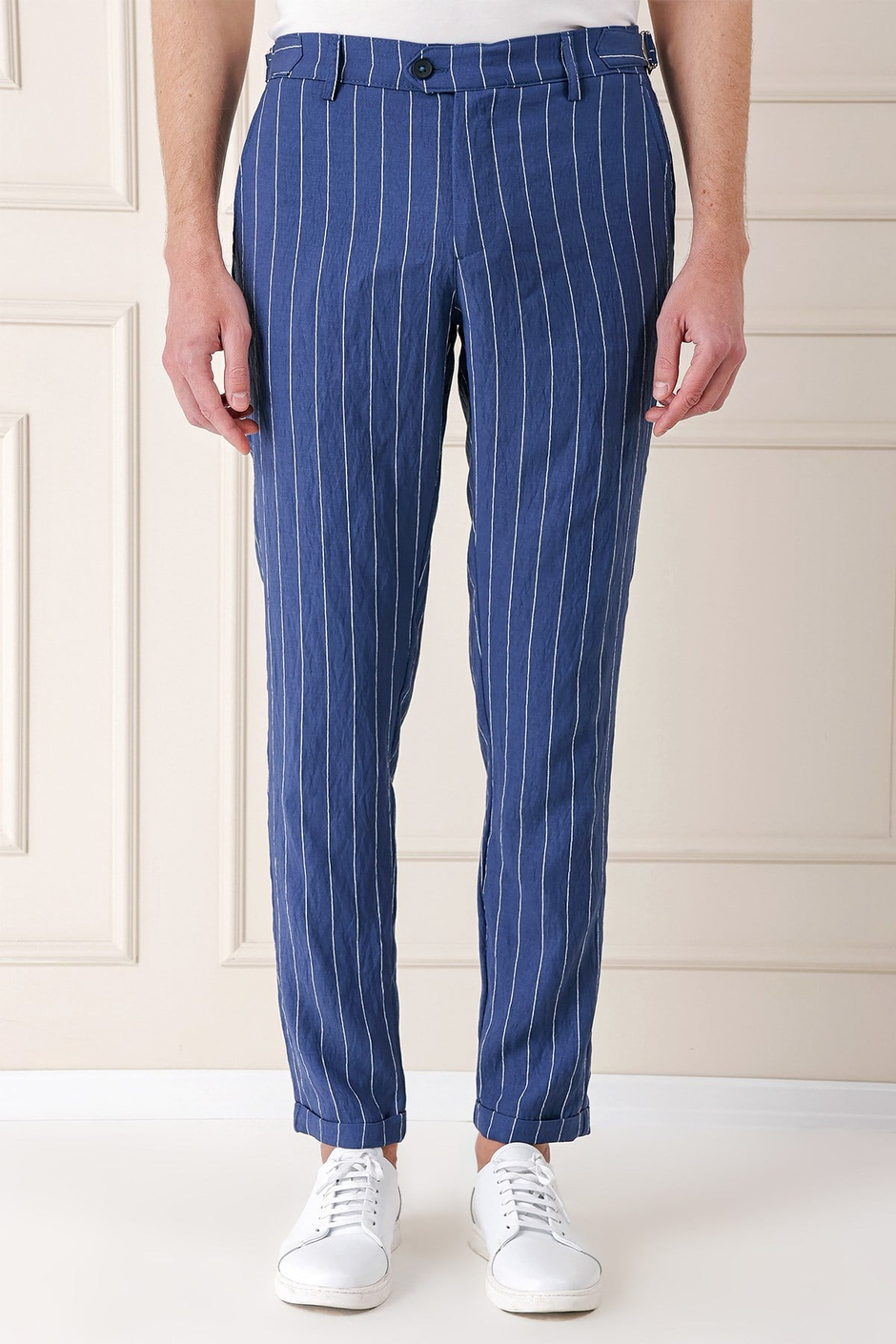 Comfort Fit Yandan Tokalı Çizgili Keten İndigo Pantolon P 1151