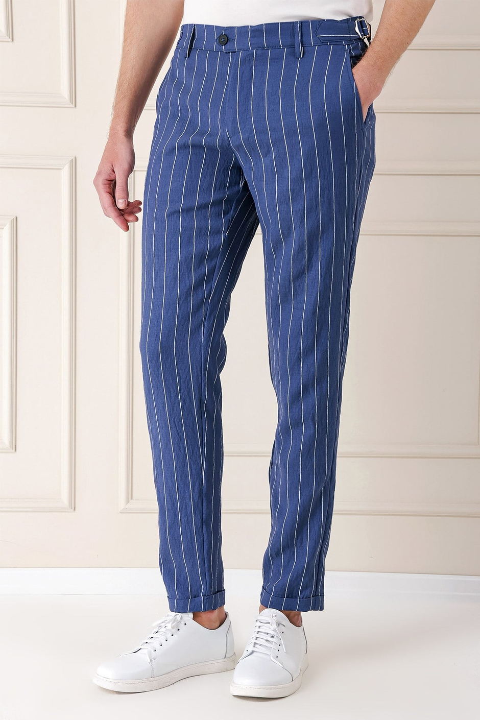 Comfort Fit Yandan Tokalı Çizgili Keten İndigo Pantolon P 1151