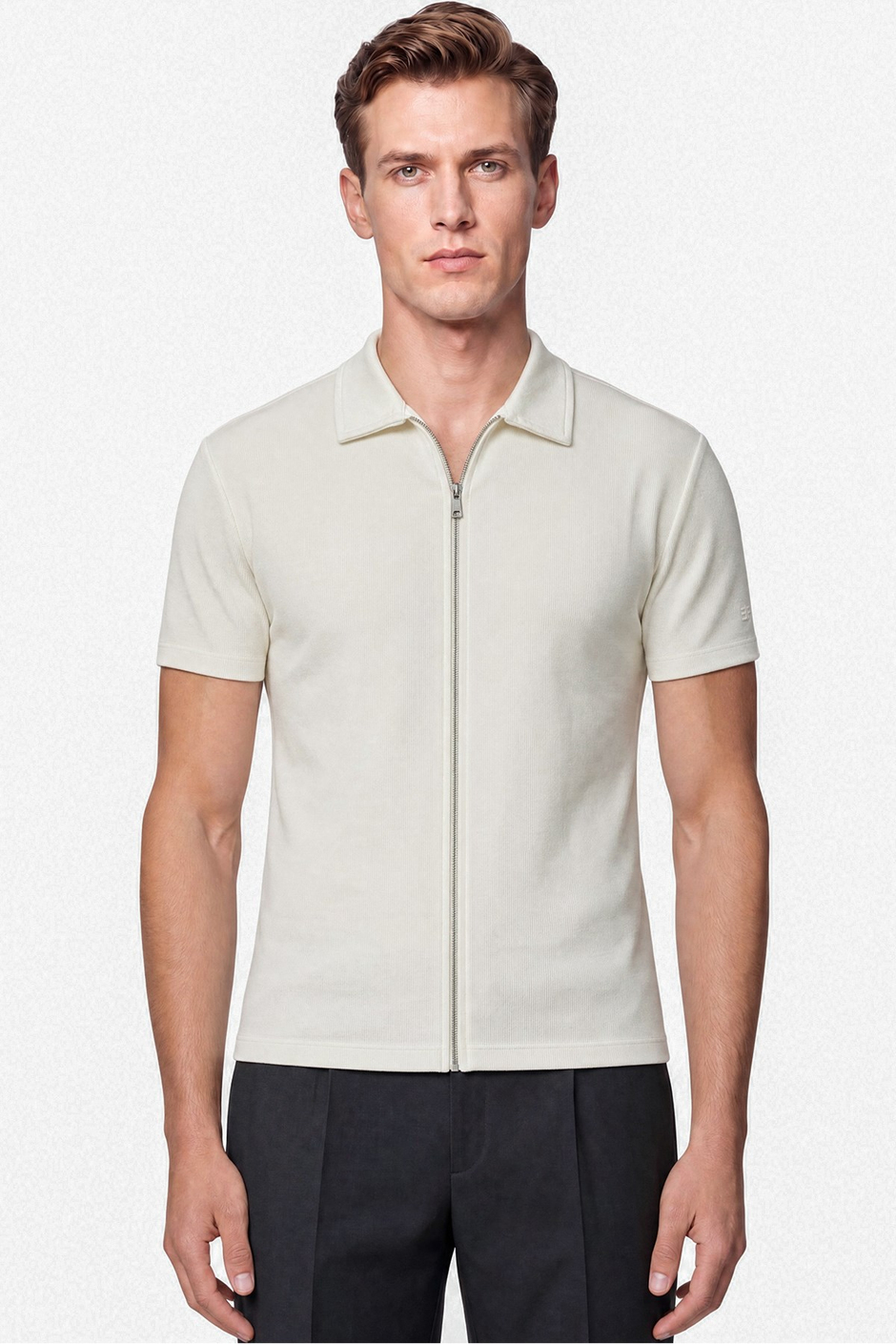 Comfort Fit Rahat Kalıp Polo Yaka Fermuarlı Ekru Beyaz Tişört TS 930 