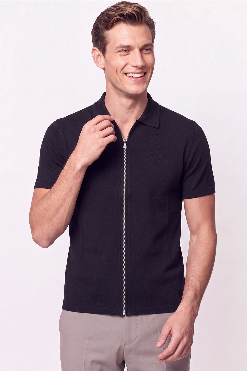 Comfort Fit Rahat Kalıp Polo Yaka Fermuarlı Siyah Tişört TS 930 