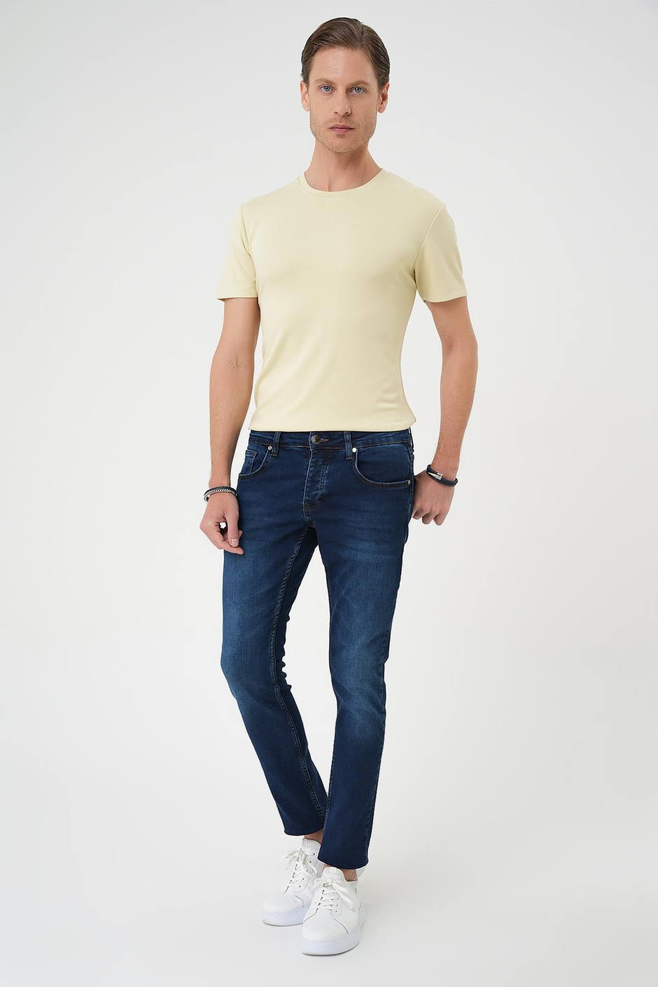 Slim Fit Beş Cepli Likralı Yıkamalı Koyu Mavi Jean Kot Pantolon Denim 133