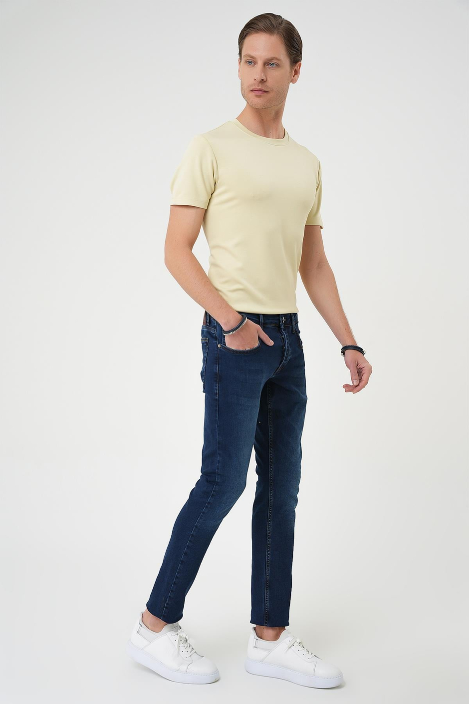Slim Fit Beş Cepli Likralı Yıkamalı Koyu Mavi Jean Kot Pantolon Denim 133