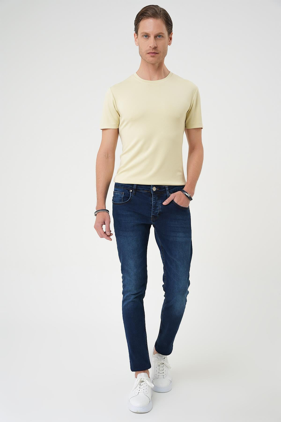 Slim Fit Beş Cepli Likralı Yıkamalı Koyu Mavi Jean Kot Pantolon Denim 133