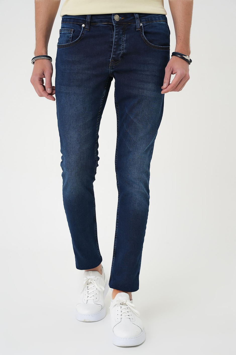 Slim Fit Beş Cepli Likralı Yıkamalı Koyu Mavi Jean Kot Pantolon Denim 133
