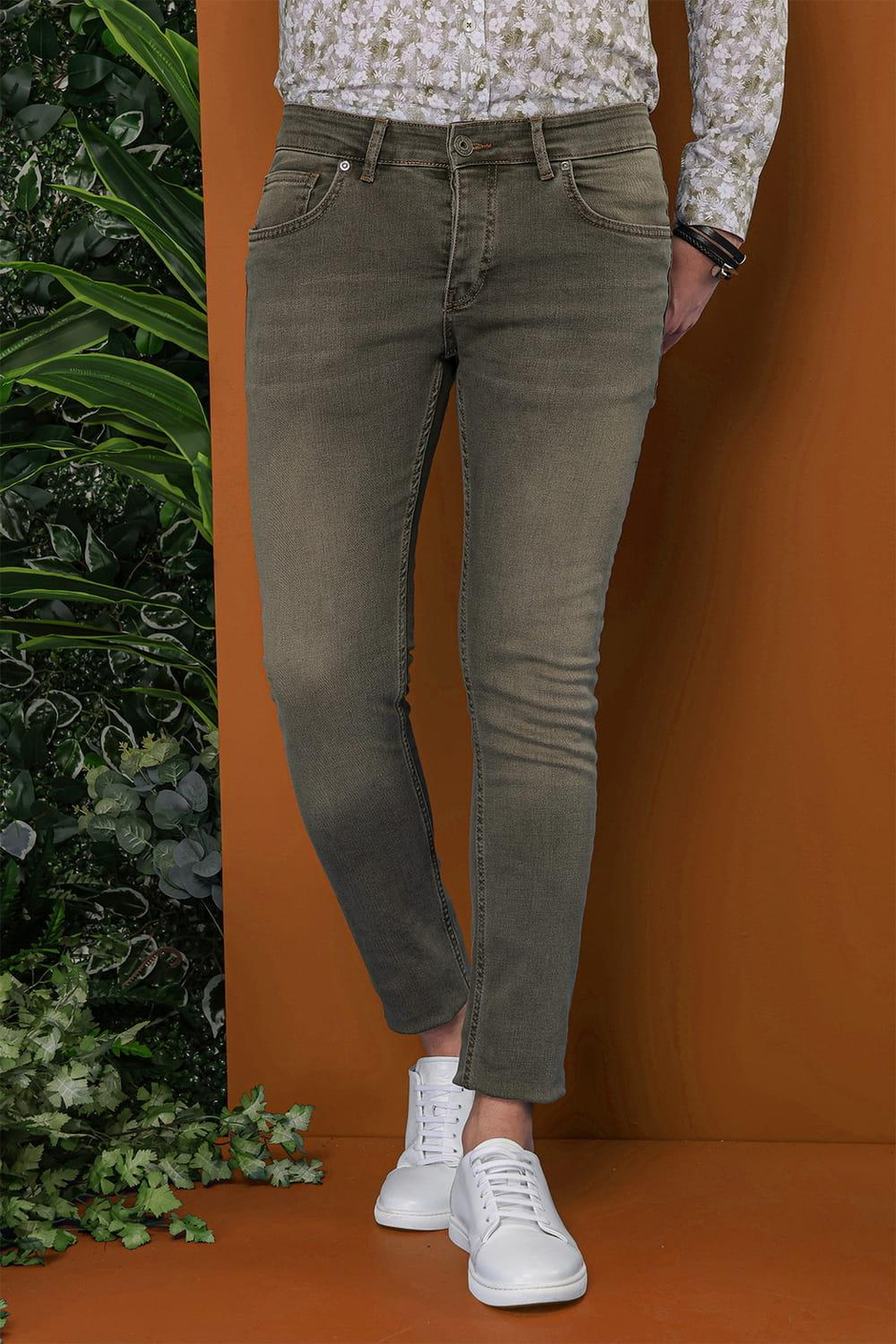 Slim Fit Beş Cep Taşlama Eskitme Detaylı Haki Jean Kot Pantolon Denim 110