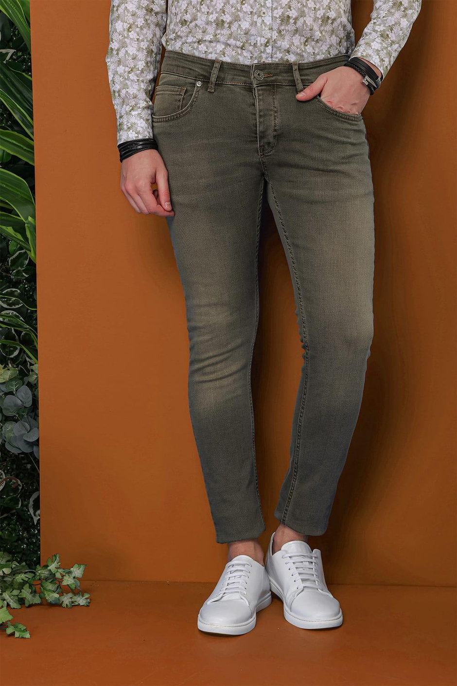 Slim Fit Beş Cep Taşlama Eskitme Detaylı Haki Jean Kot Pantolon Denim 110