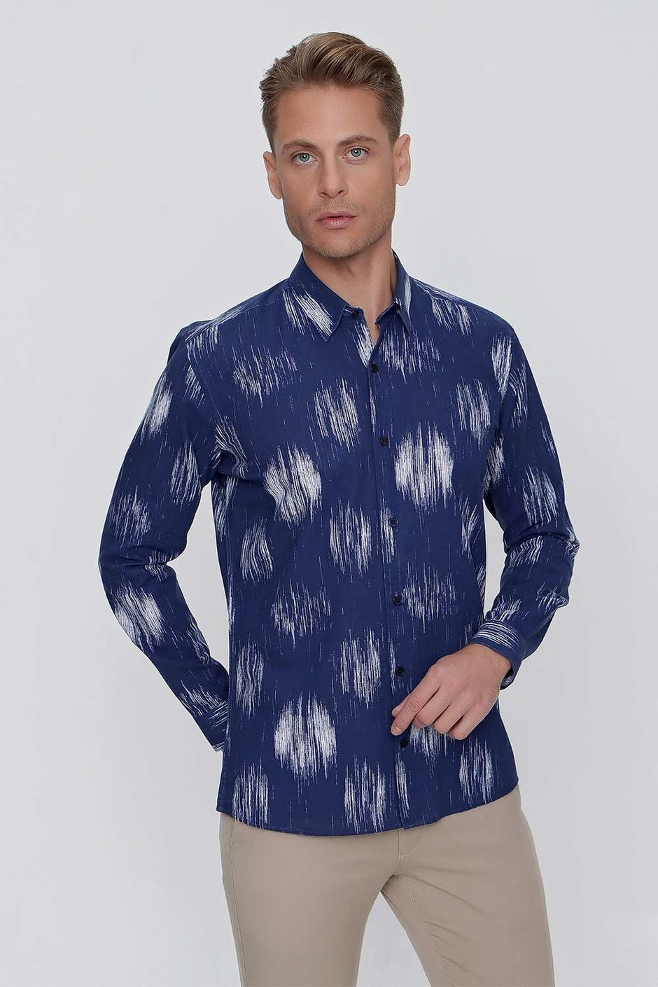 Slim Fit %100 Pamuk Lacivert Desenli Gömlek G 1515