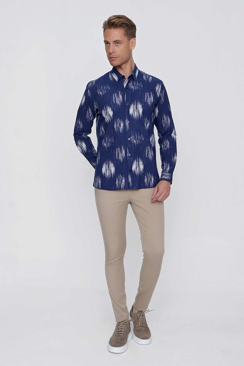 Slim Fit %100 Pamuk Lacivert Desenli Gömlek G 1515