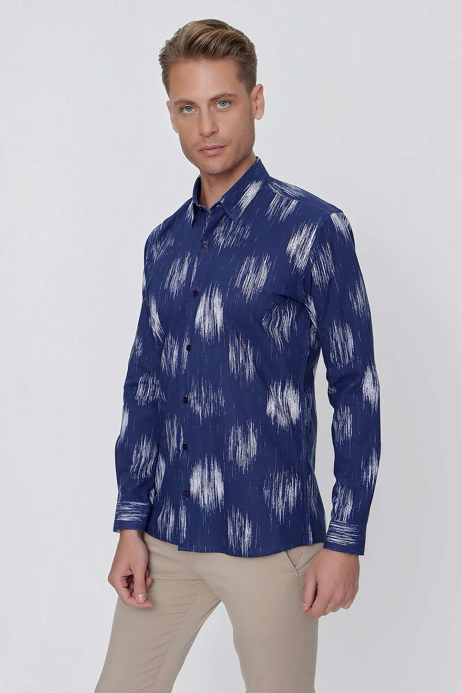 Slim Fit %100 Pamuk Lacivert Desenli Gömlek G 1515