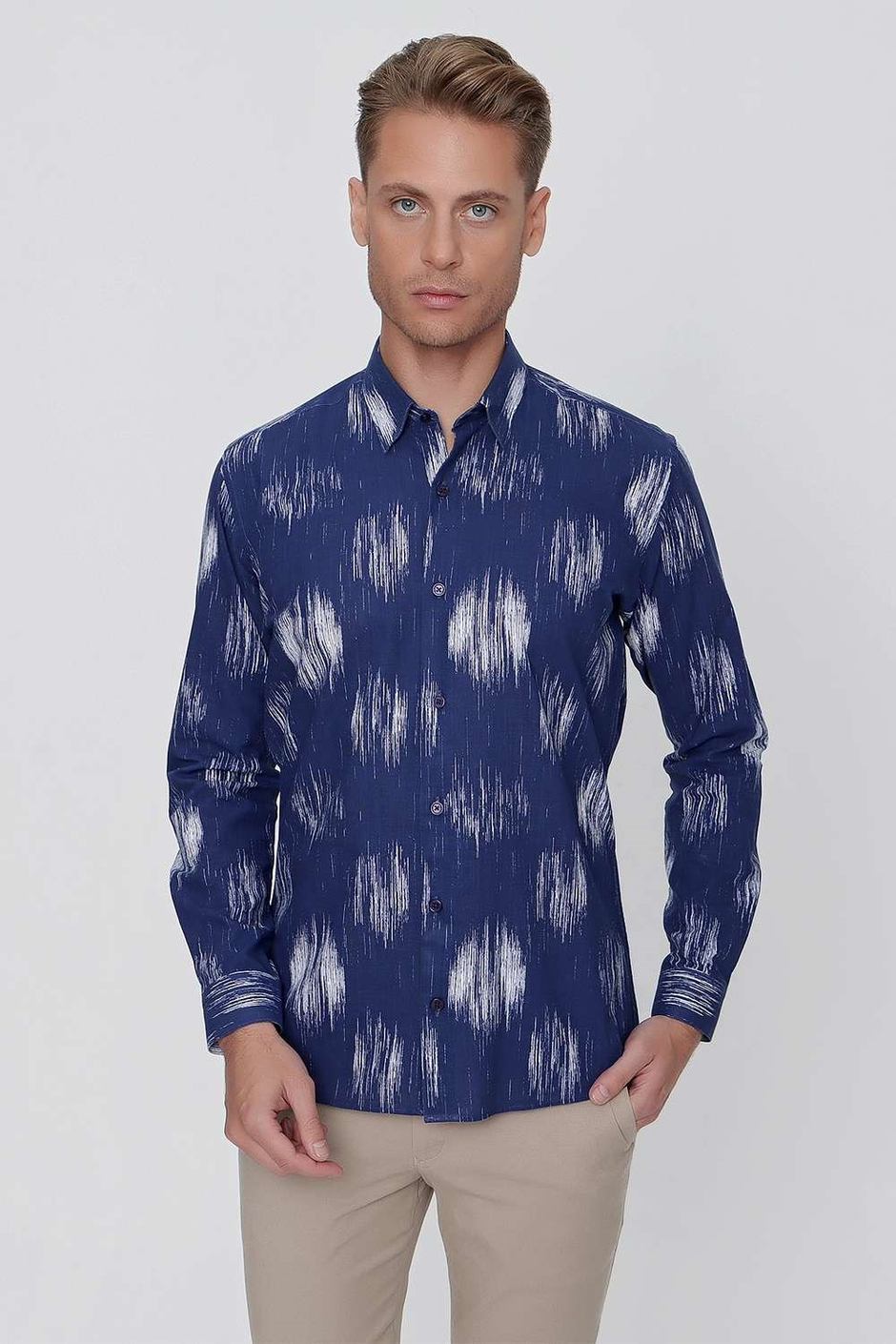 Slim Fit %100 Pamuk Lacivert Desenli Gömlek G 1515