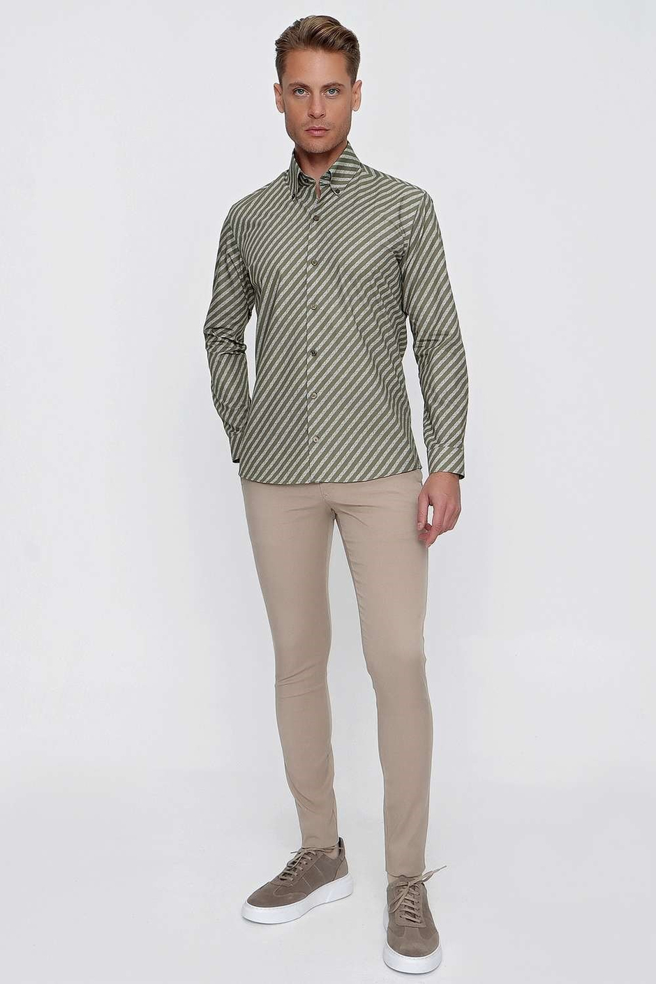 G 1517 Slim Fit Haki Spor Gömlek