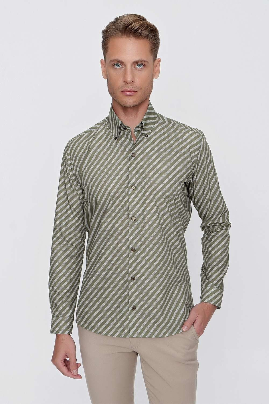 G 1517 Slim Fit Haki Spor Gömlek