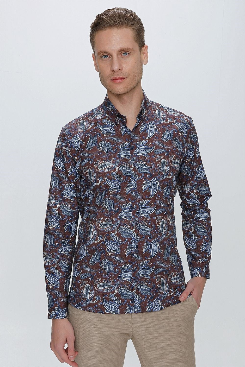 G 1531 Slim Fit Kahve Spor Gömlek