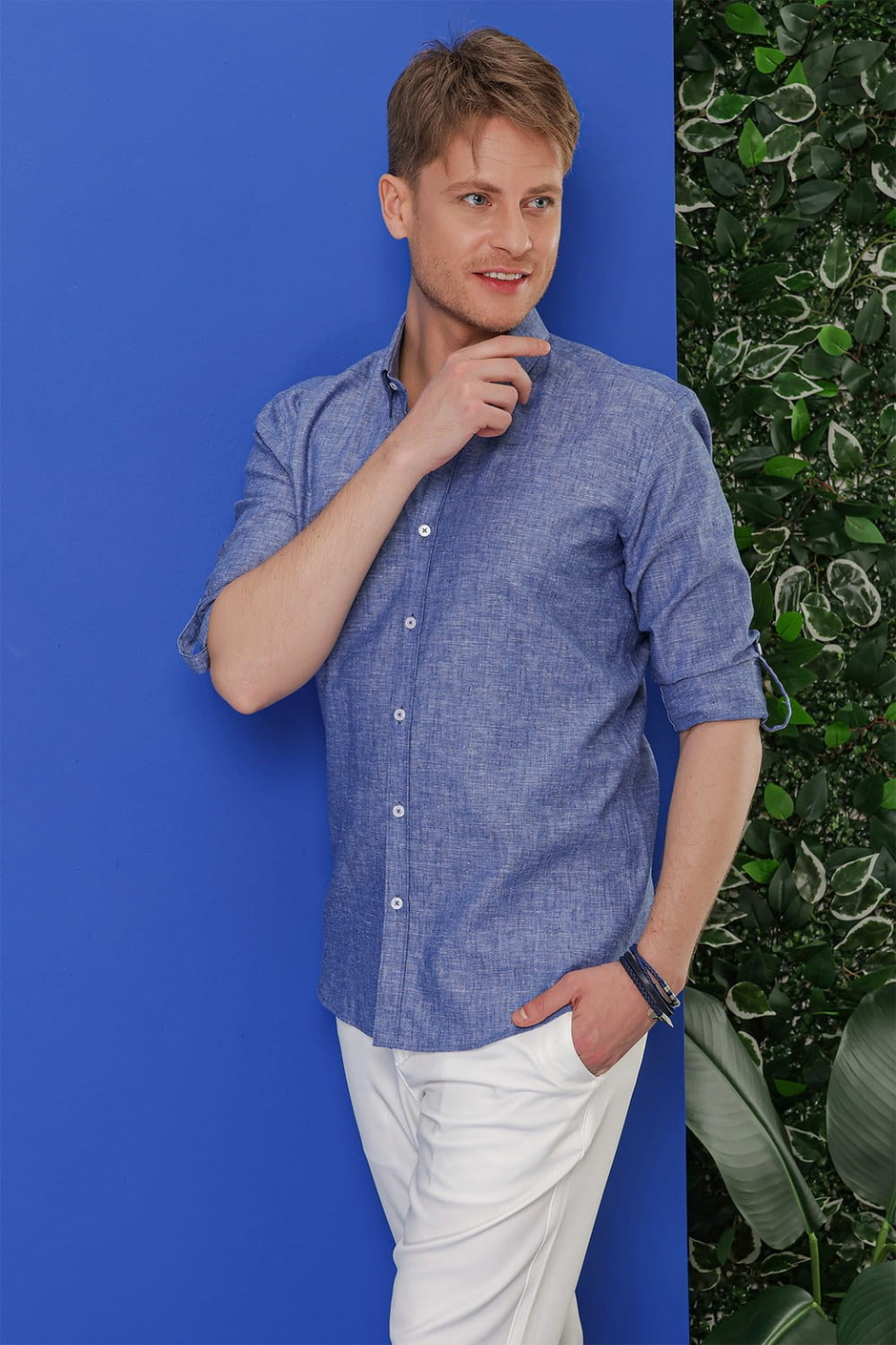 G 1554 Slim Fit İndigo Klasik Gömlek