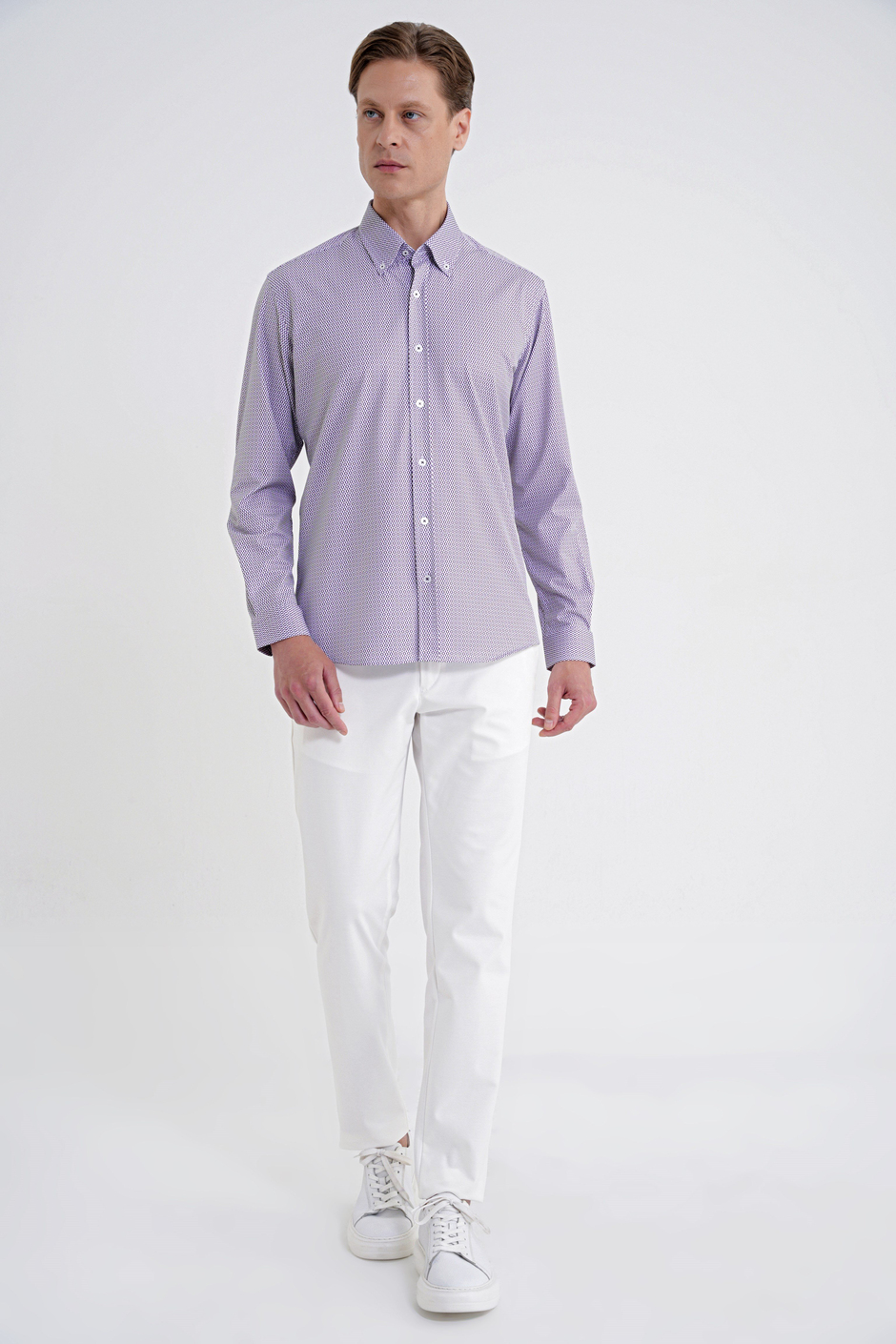 Slim Fit Yaka Düğmeli Baskılı Pamuklu Bordo Gömlek G 1606